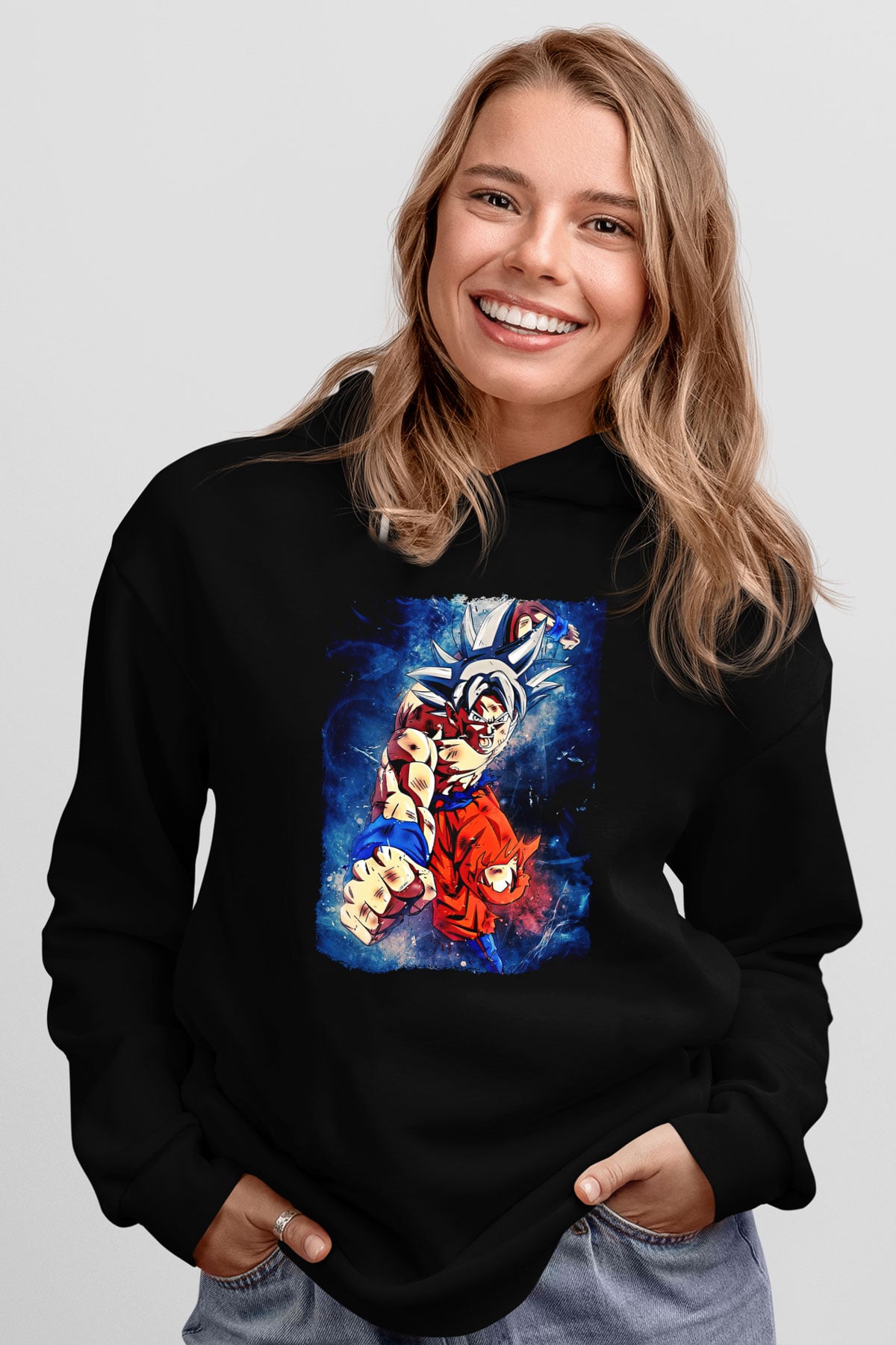 Goku Baskılı Unisex Siyah Hoodie