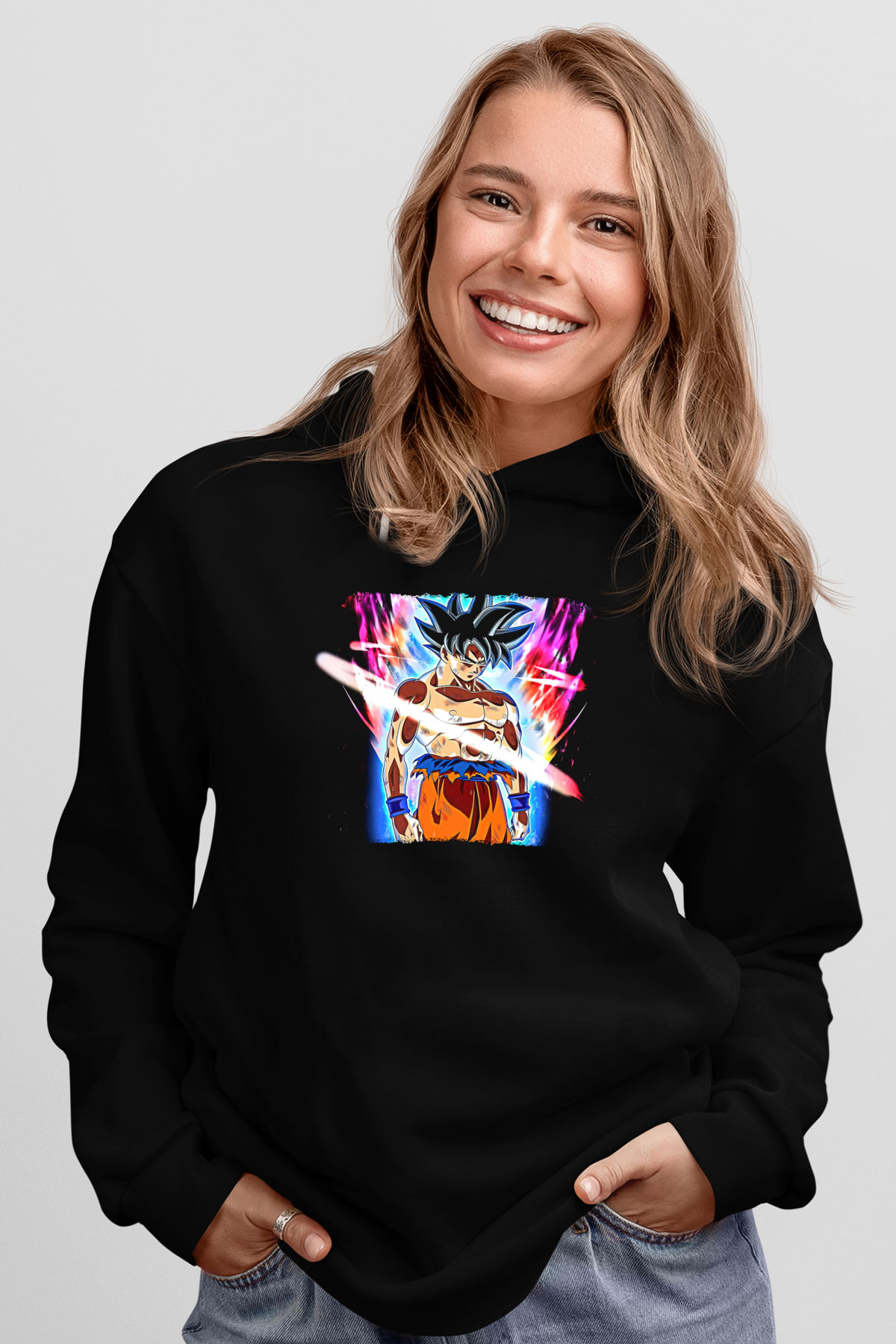 Goku Baskılı Unisex Siyah Hoodie