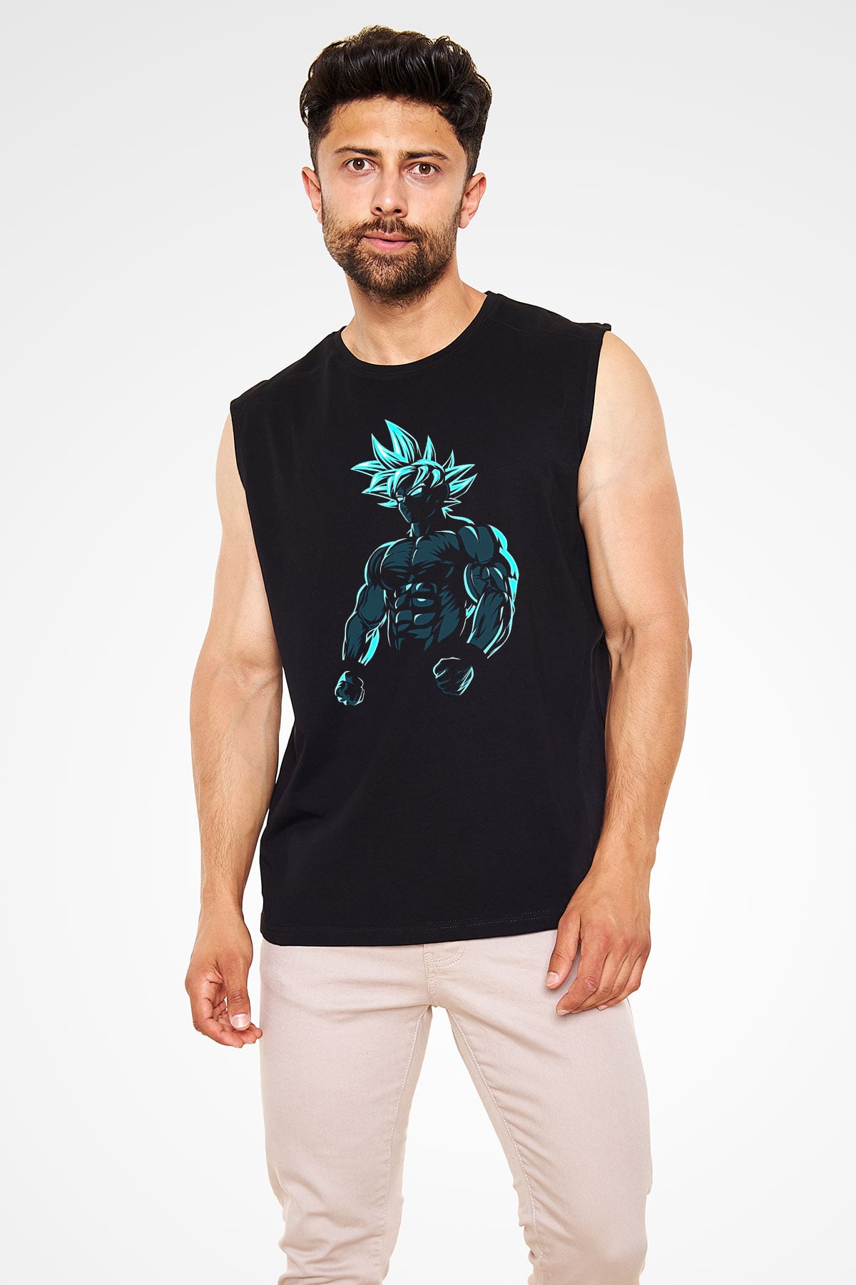 Goku Baskılı Unisex Siyah Kolsuz Tişört - Tshirt
