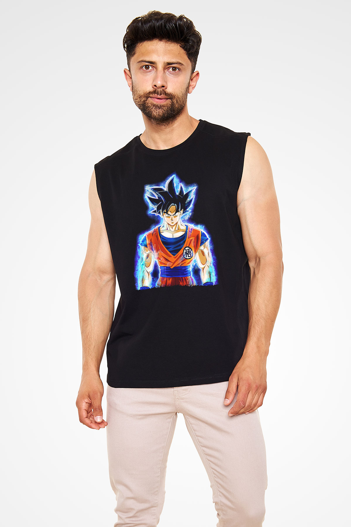 Goku Baskılı Unisex Siyah Kolsuz Tişört - Tshirt