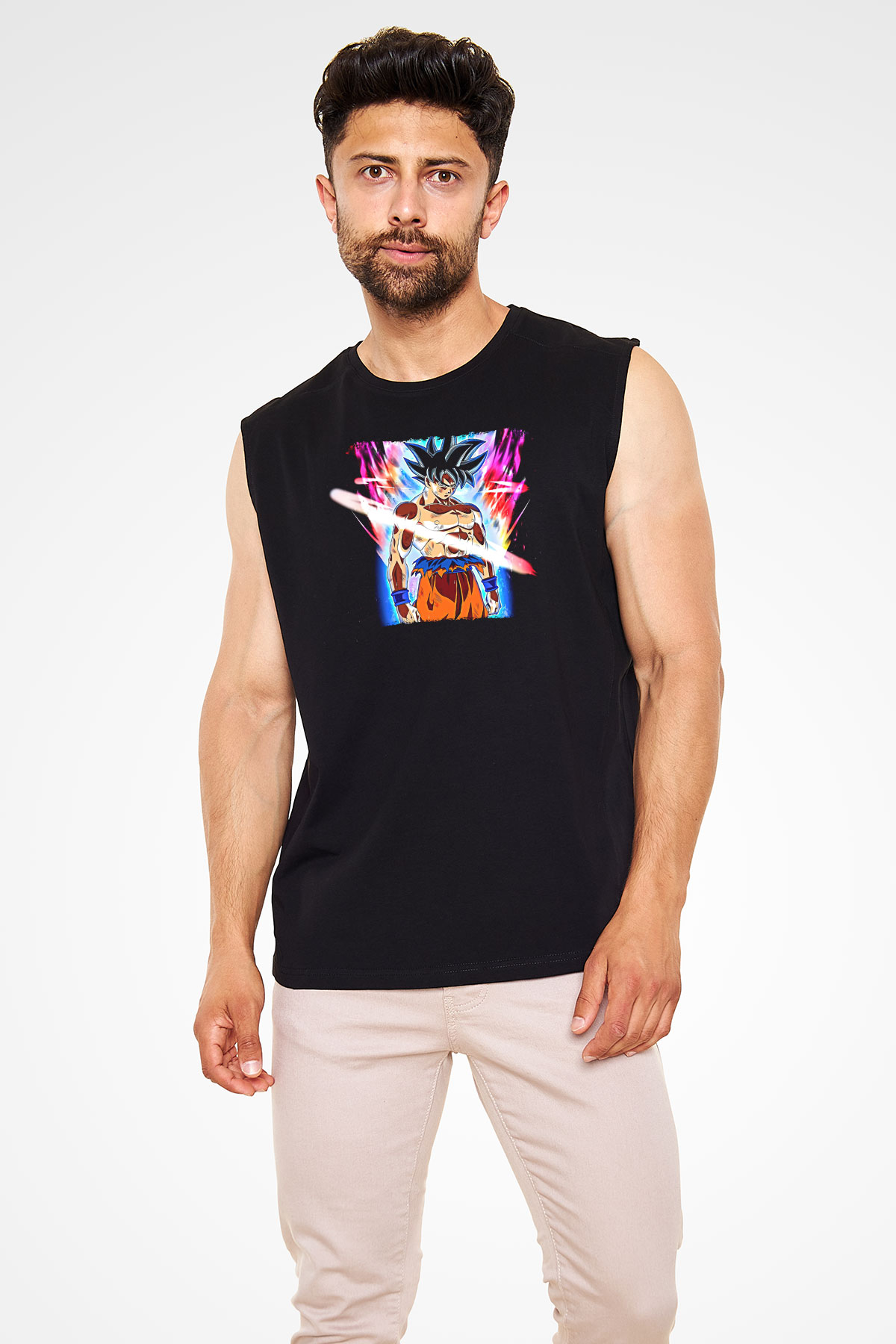 Goku Baskılı Unisex Siyah Kolsuz Tişört - Tshirt