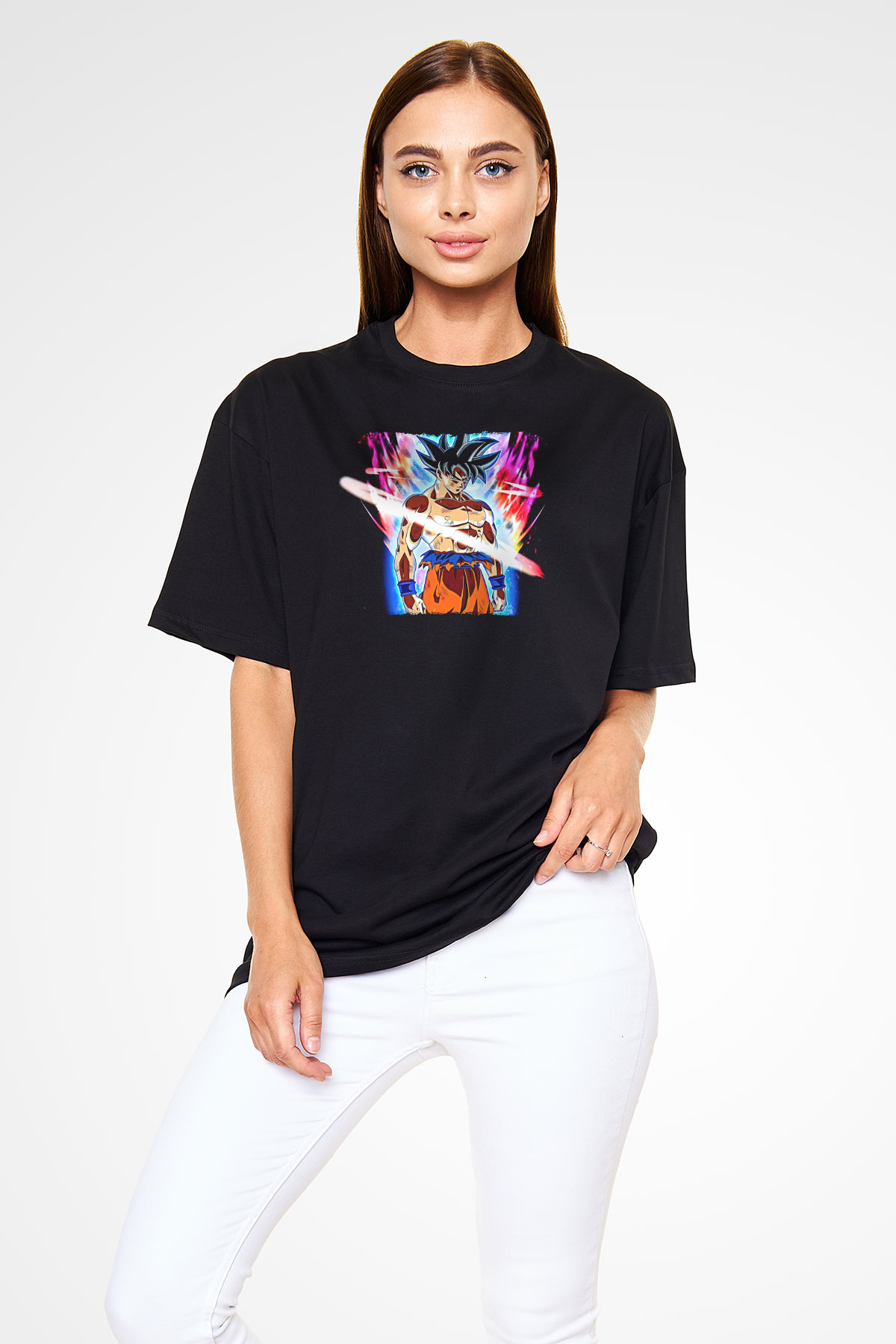 Goku Baskılı Unisex Siyah Oversize Tişört - Tshirt