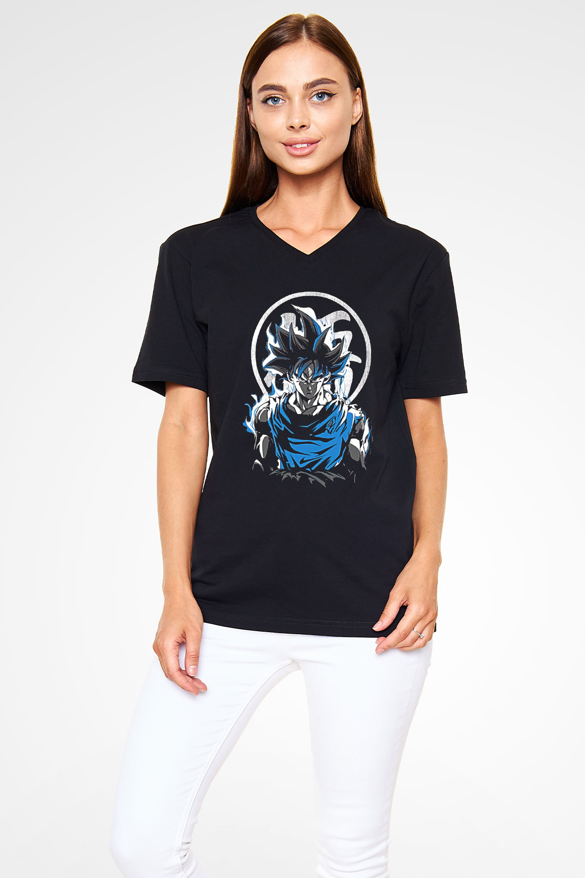 Goku Baskılı Unisex Siyah V Yaka Tişört - Tshirt