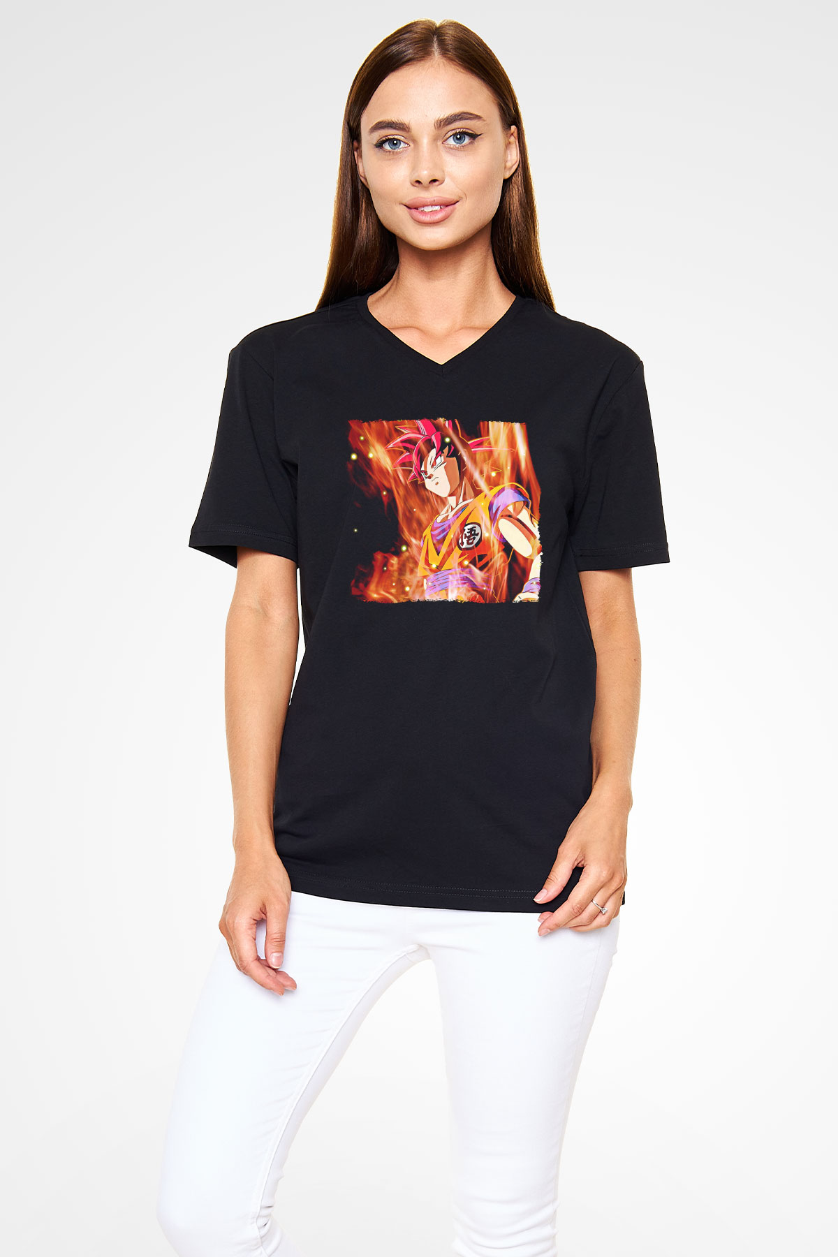 Goku Baskılı Unisex Siyah V Yaka Tişört - Tshirt