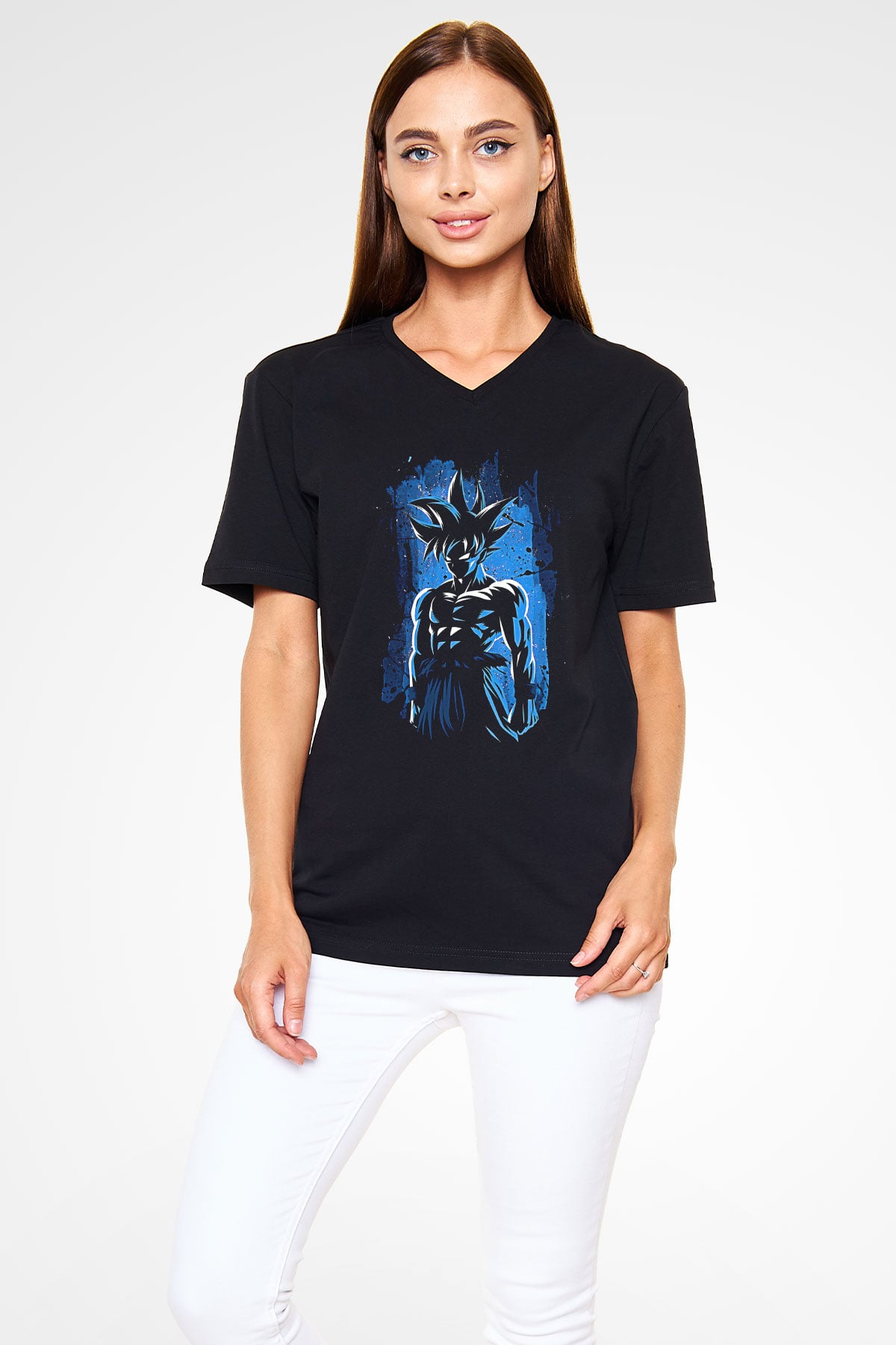 Goku Baskılı Unisex Siyah V Yaka Tişört - Tshirt