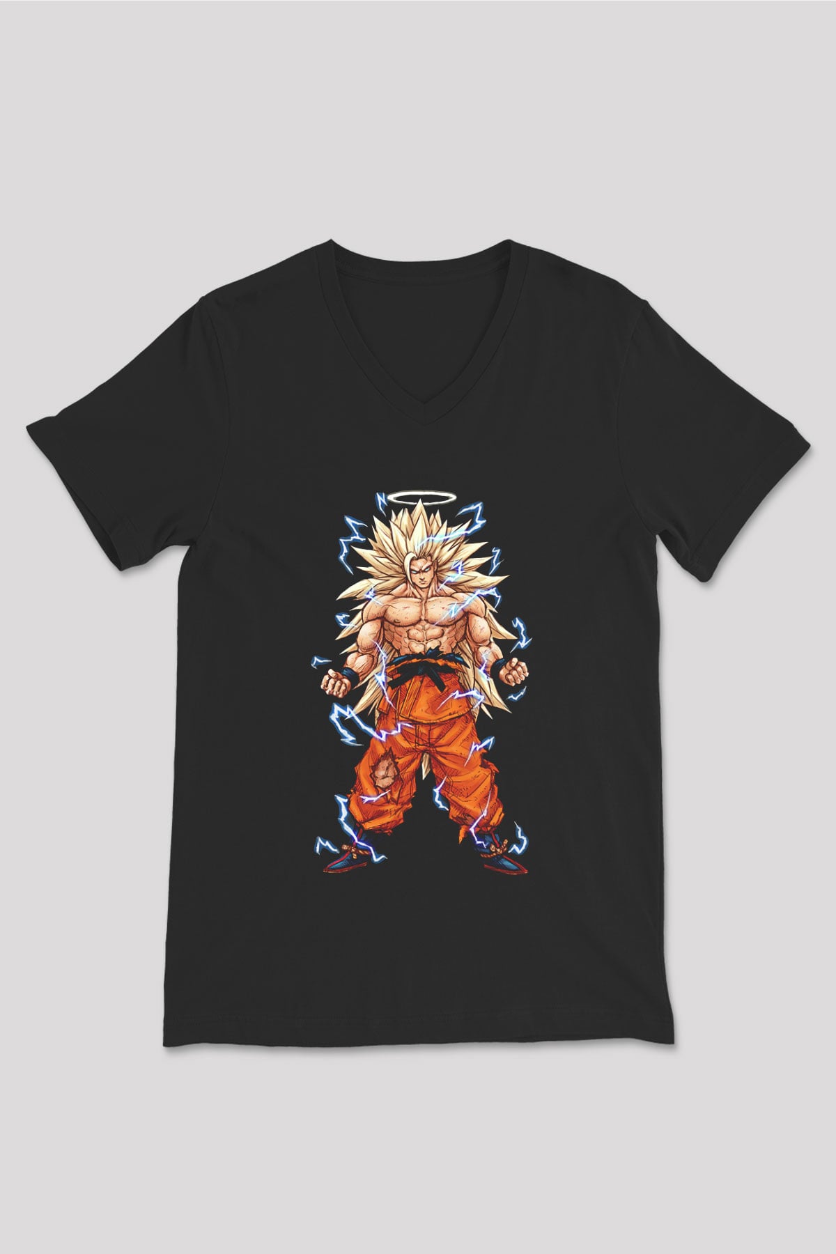 Goku Baskılı Unisex Siyah V Yaka Tişört - Tshirt