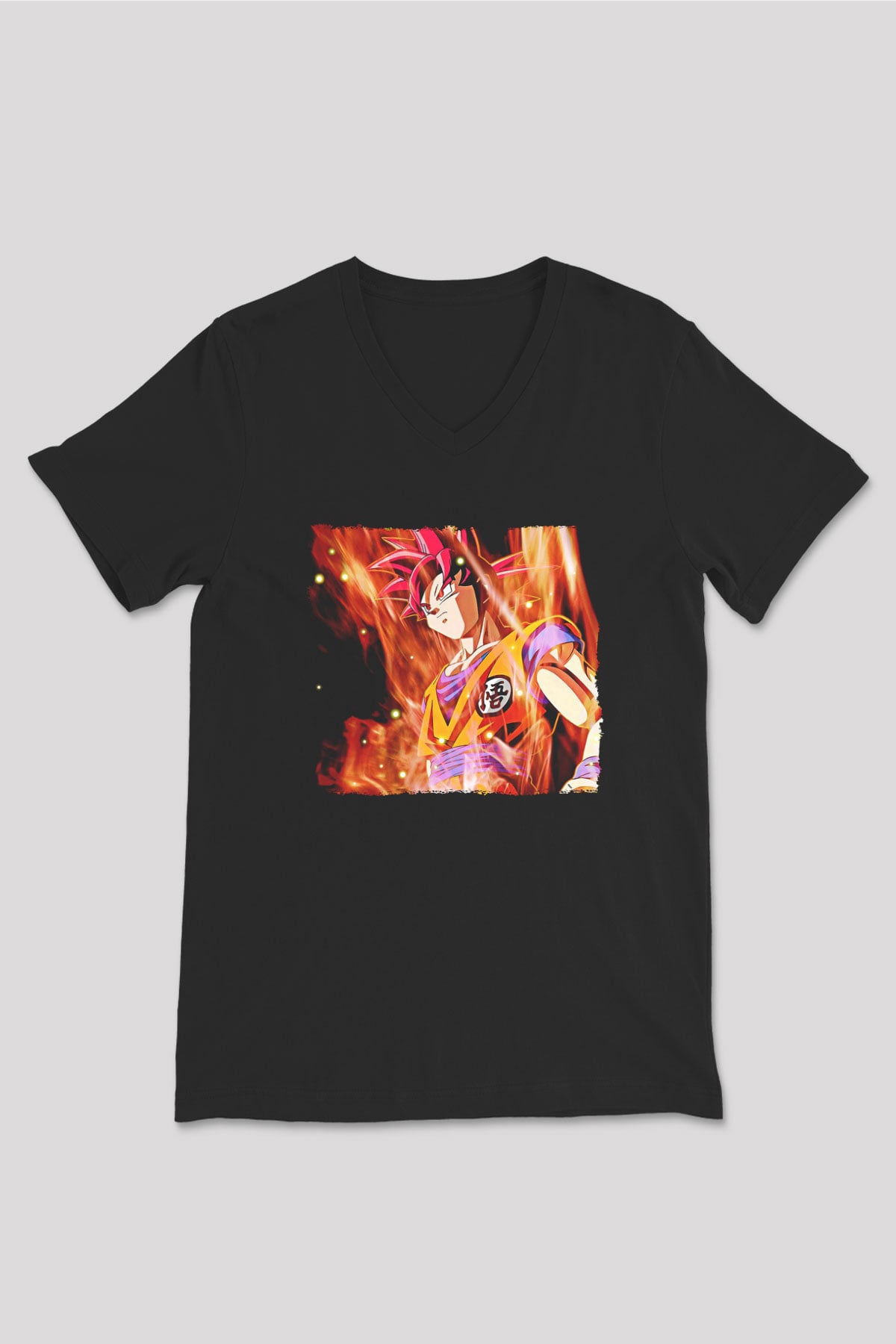Goku Baskılı Unisex Siyah V Yaka Tişört - Tshirt