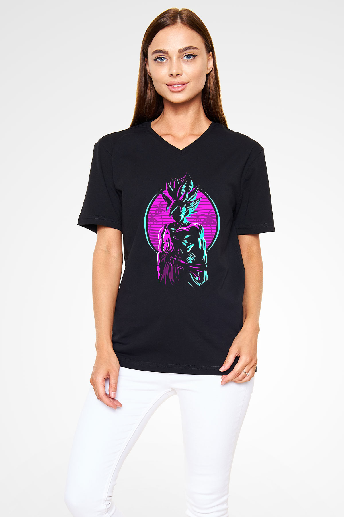 Goku Baskılı Unisex Siyah V Yaka Tişört - Tshirt