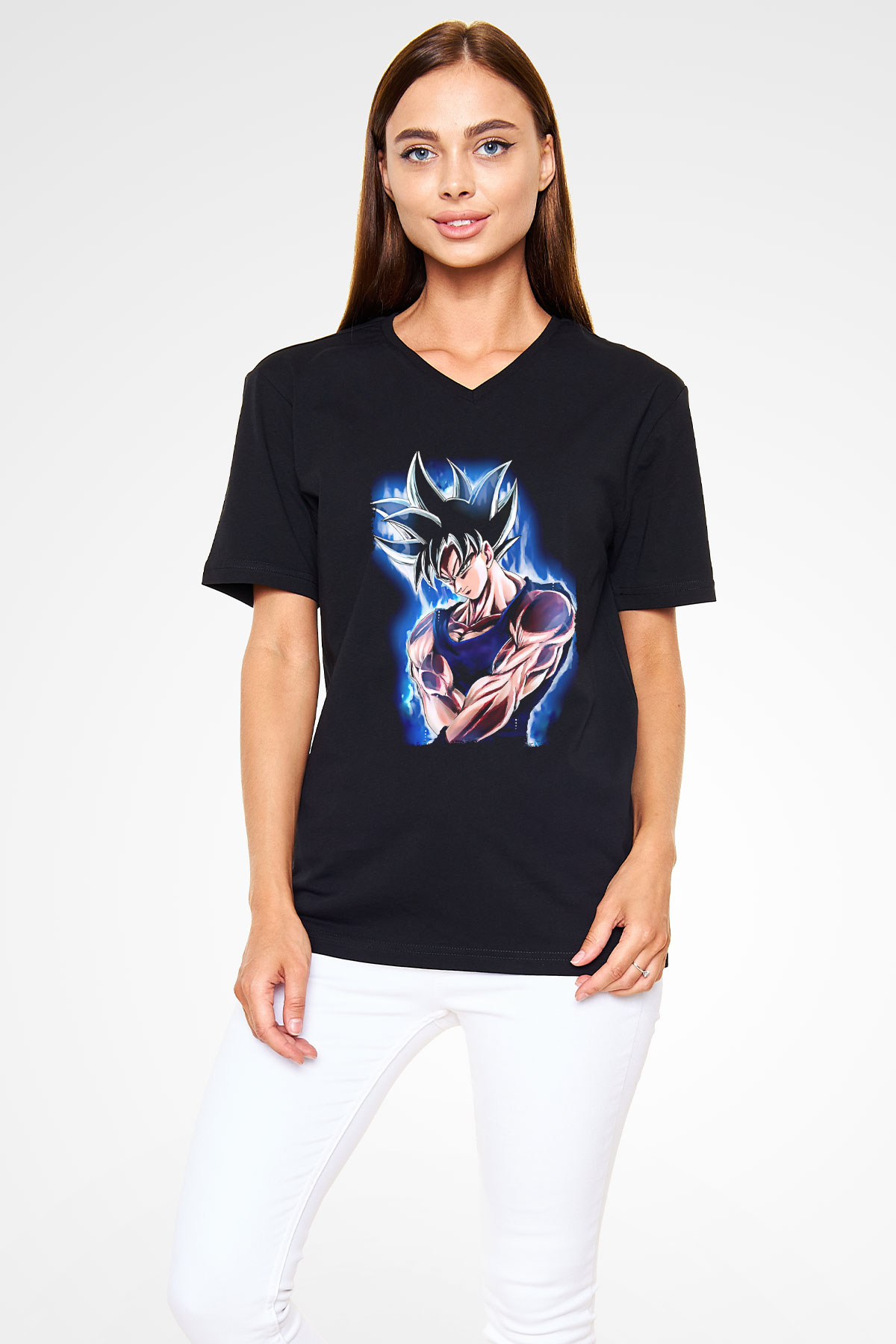 Goku Baskılı Unisex Siyah V Yaka Tişört - Tshirt