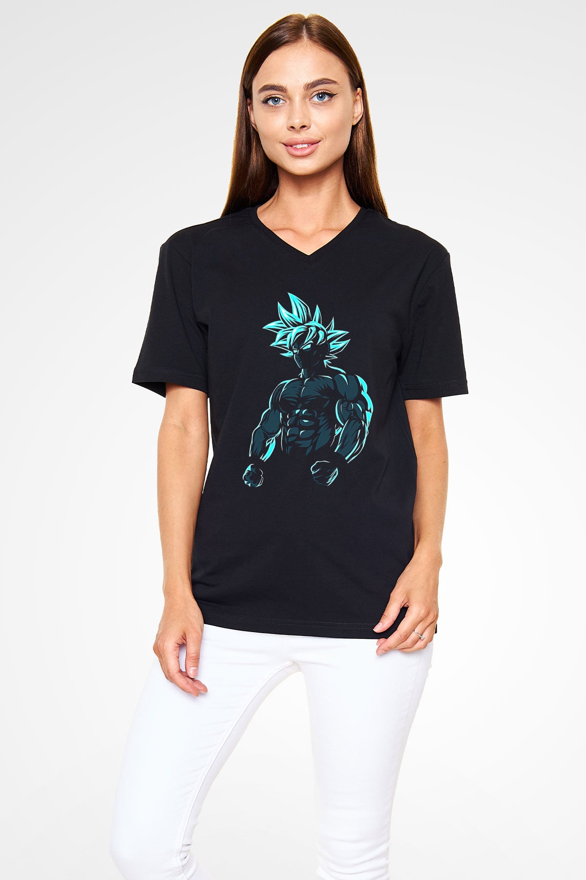 Goku Baskılı Unisex Siyah V Yaka Tişört - Tshirt