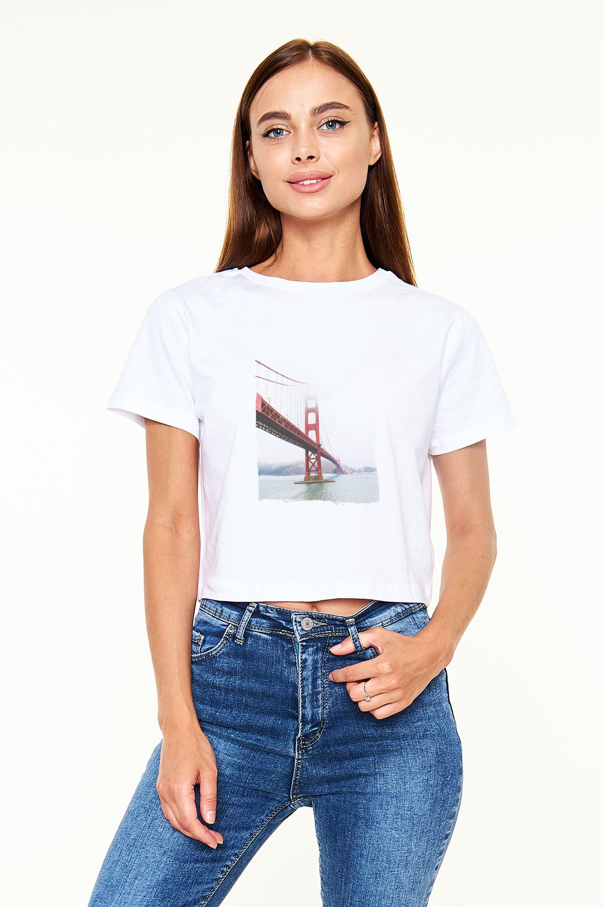 Golden Gate Bridge Beyaz  Crop Top Tişört