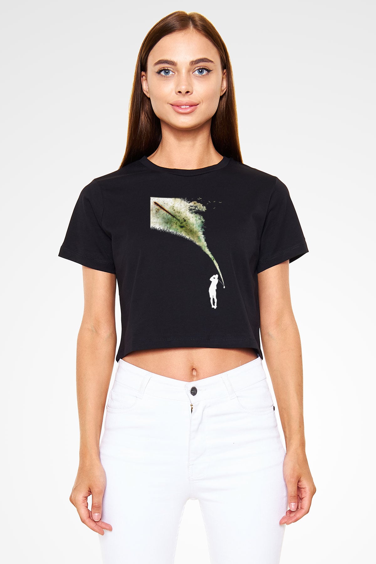 Golf Baskılı Crop Top Siyah Kadın Tişört - Tshirt