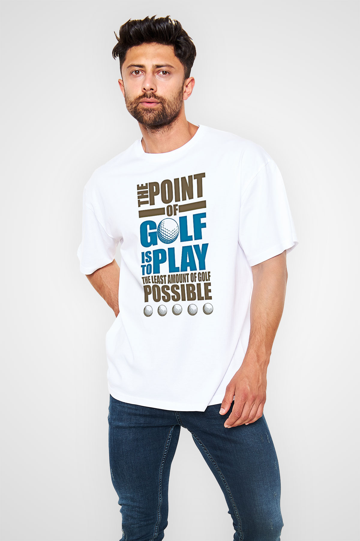 Golf Baskılı Unisex Beyaz Oversize Tişört - Tshirt