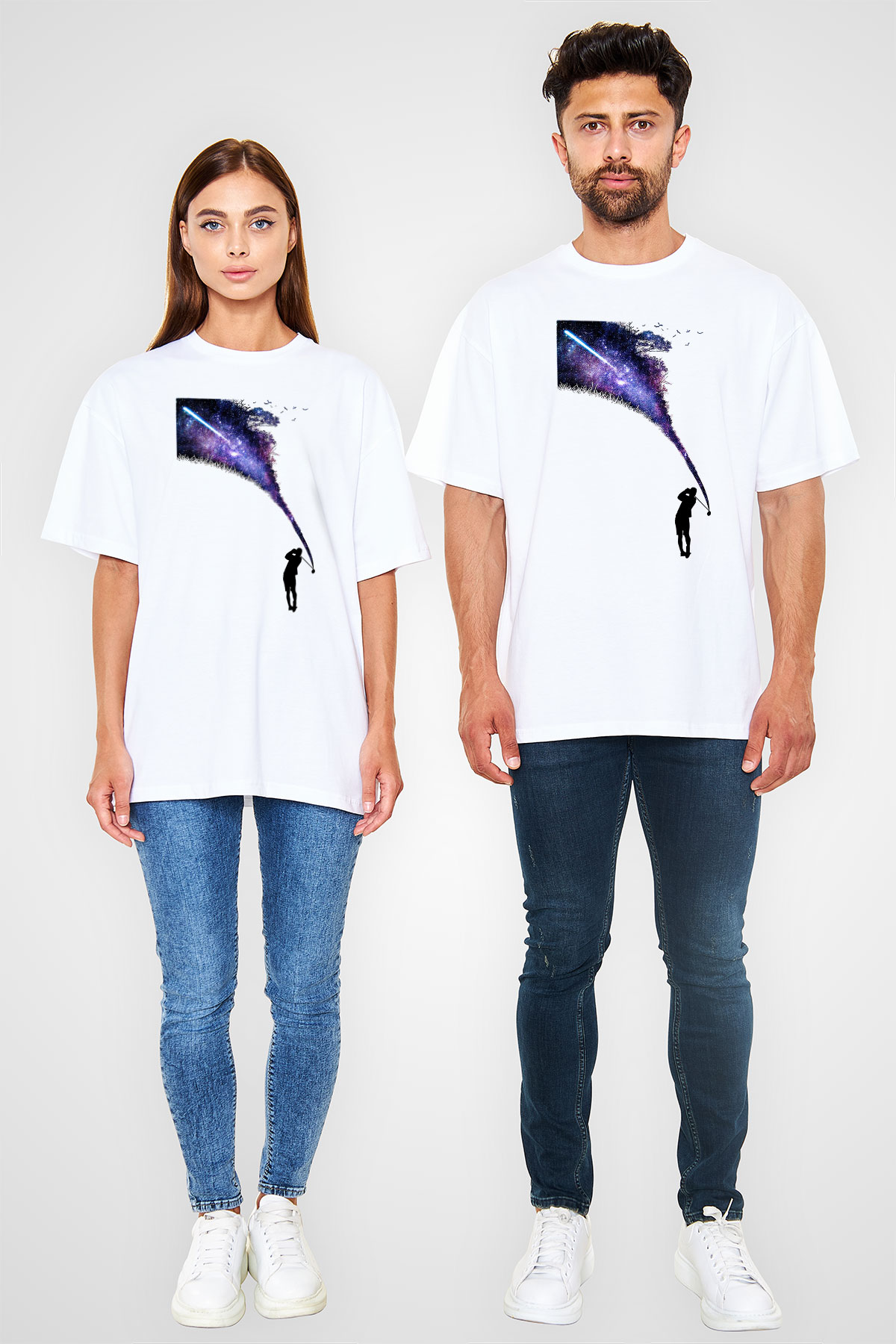 Golf Baskılı Unisex Beyaz Oversize Tişört - Tshirt