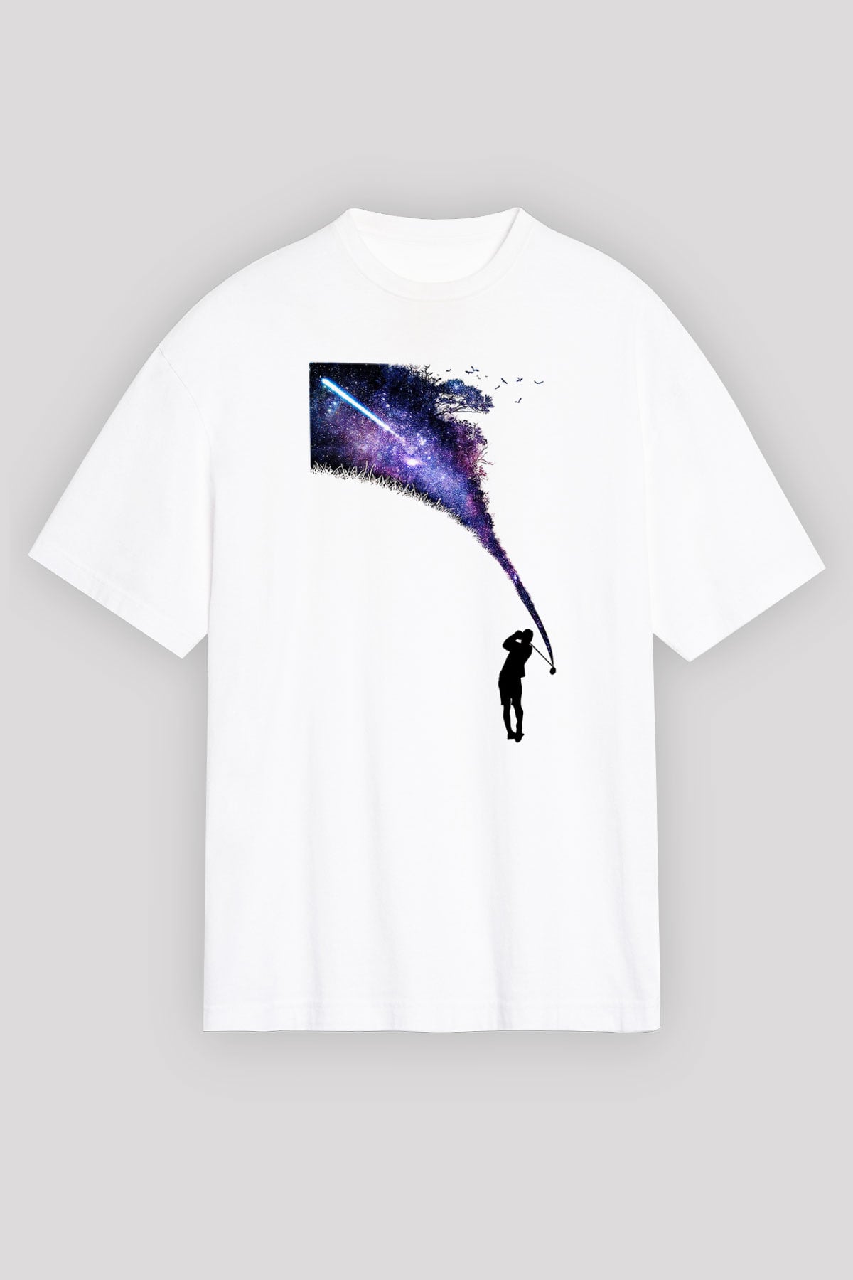 Golf Baskılı Unisex Beyaz Oversize Tişört - Tshirt