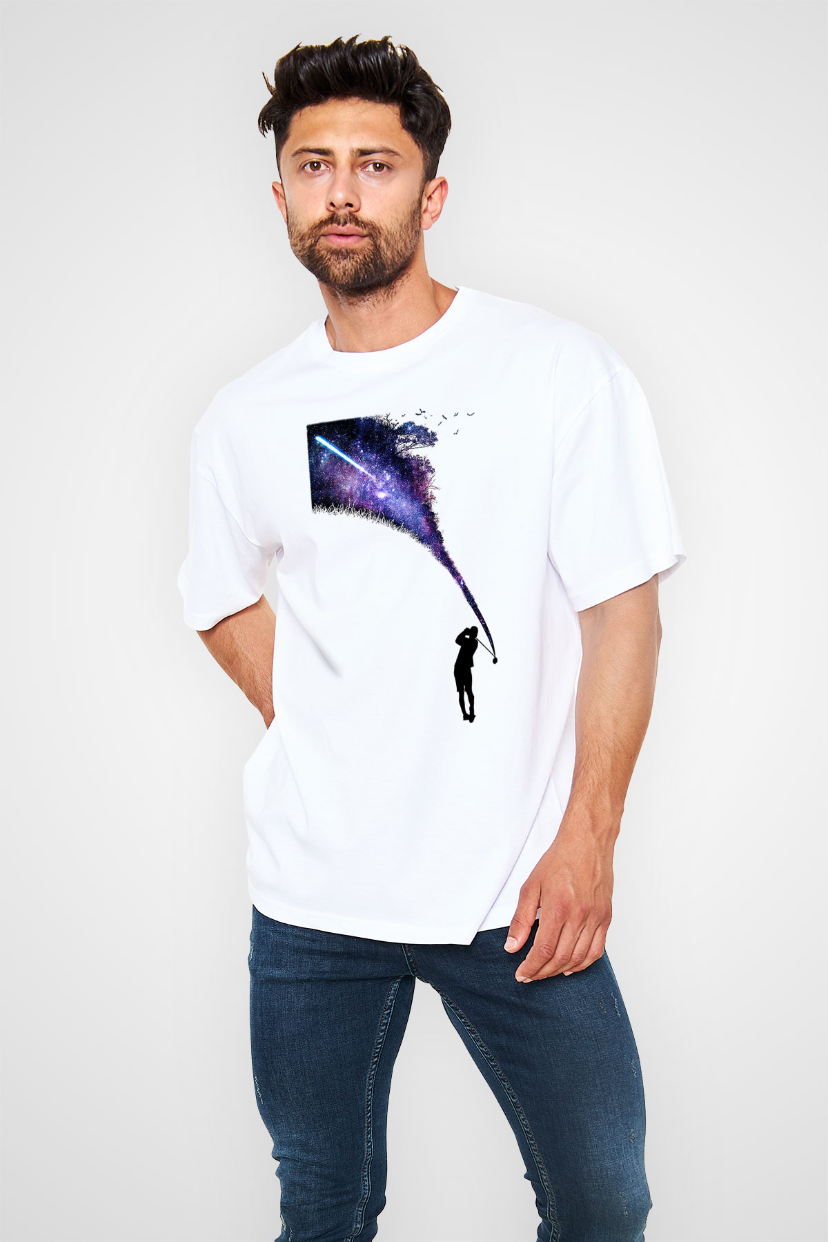 Golf Baskılı Unisex Beyaz Oversize Tişört - Tshirt