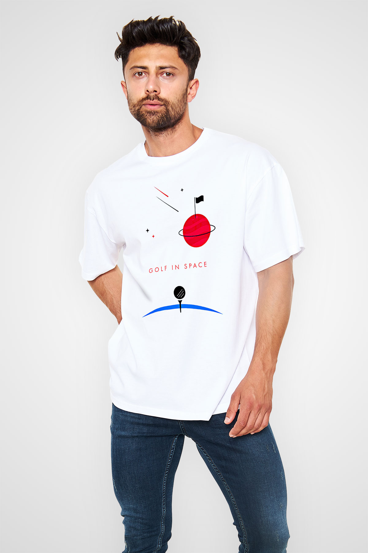 Golf Baskılı Unisex Beyaz Oversize Tişört - Tshirt