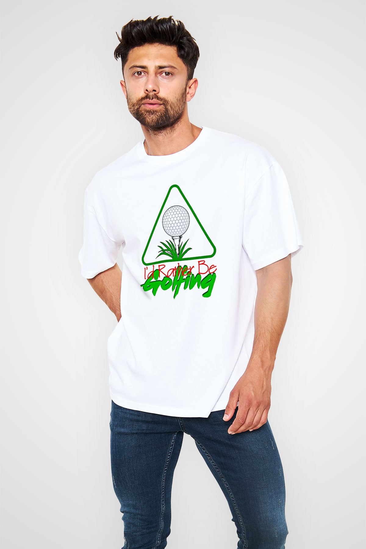 Golf Baskılı Unisex Beyaz Oversize Tişört - Tshirt