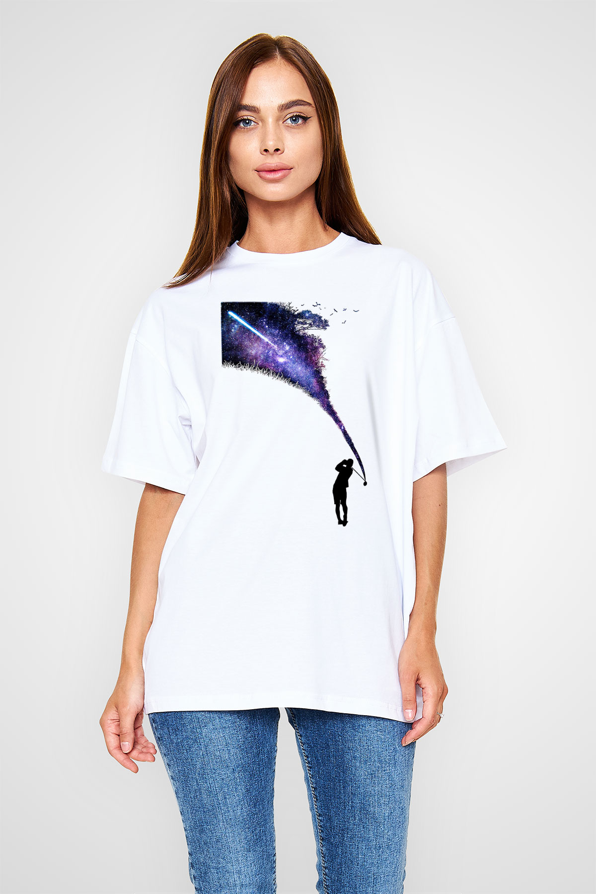 Golf Baskılı Unisex Beyaz Oversize Tişört - Tshirt