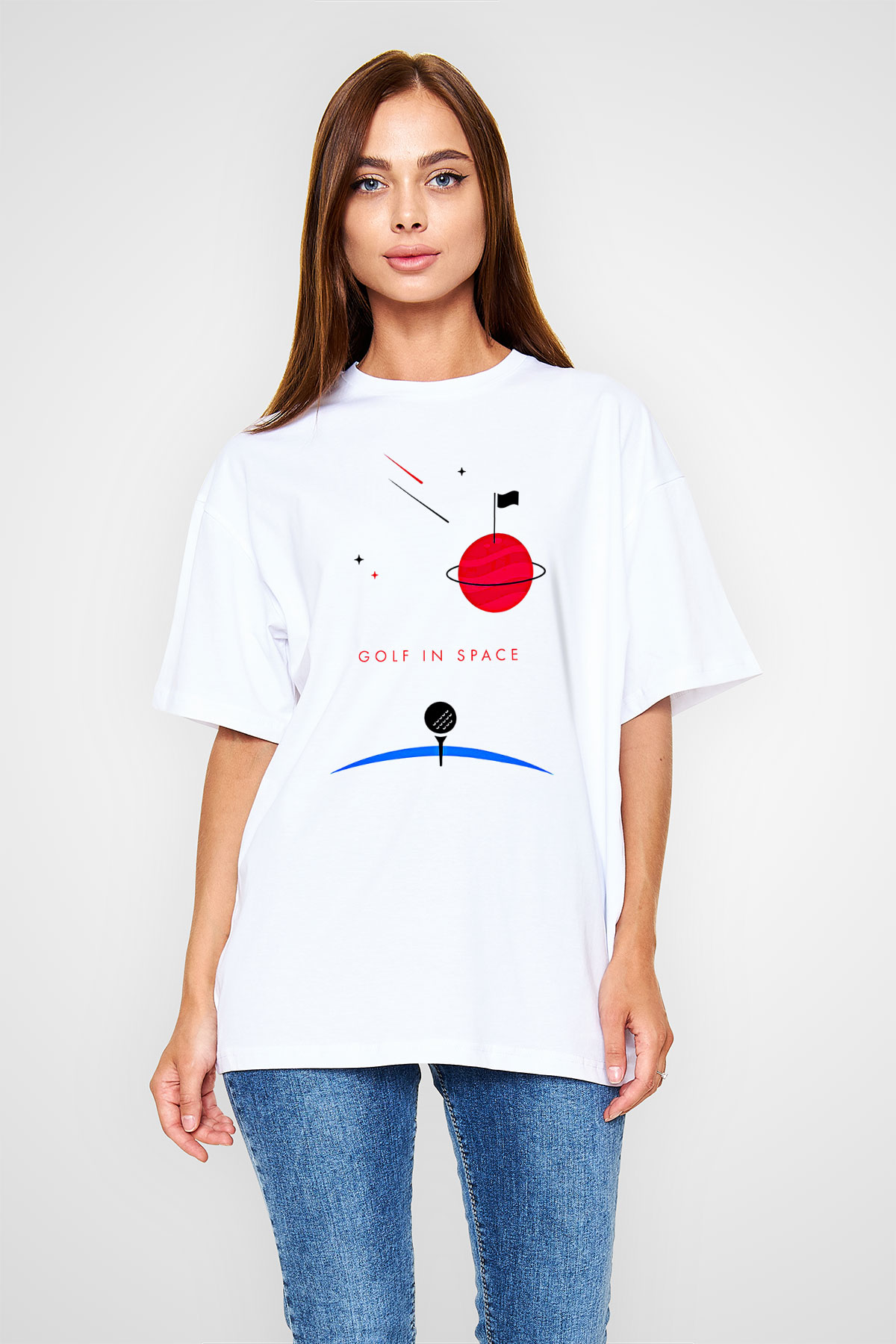 Golf Baskılı Unisex Beyaz Oversize Tişört - Tshirt