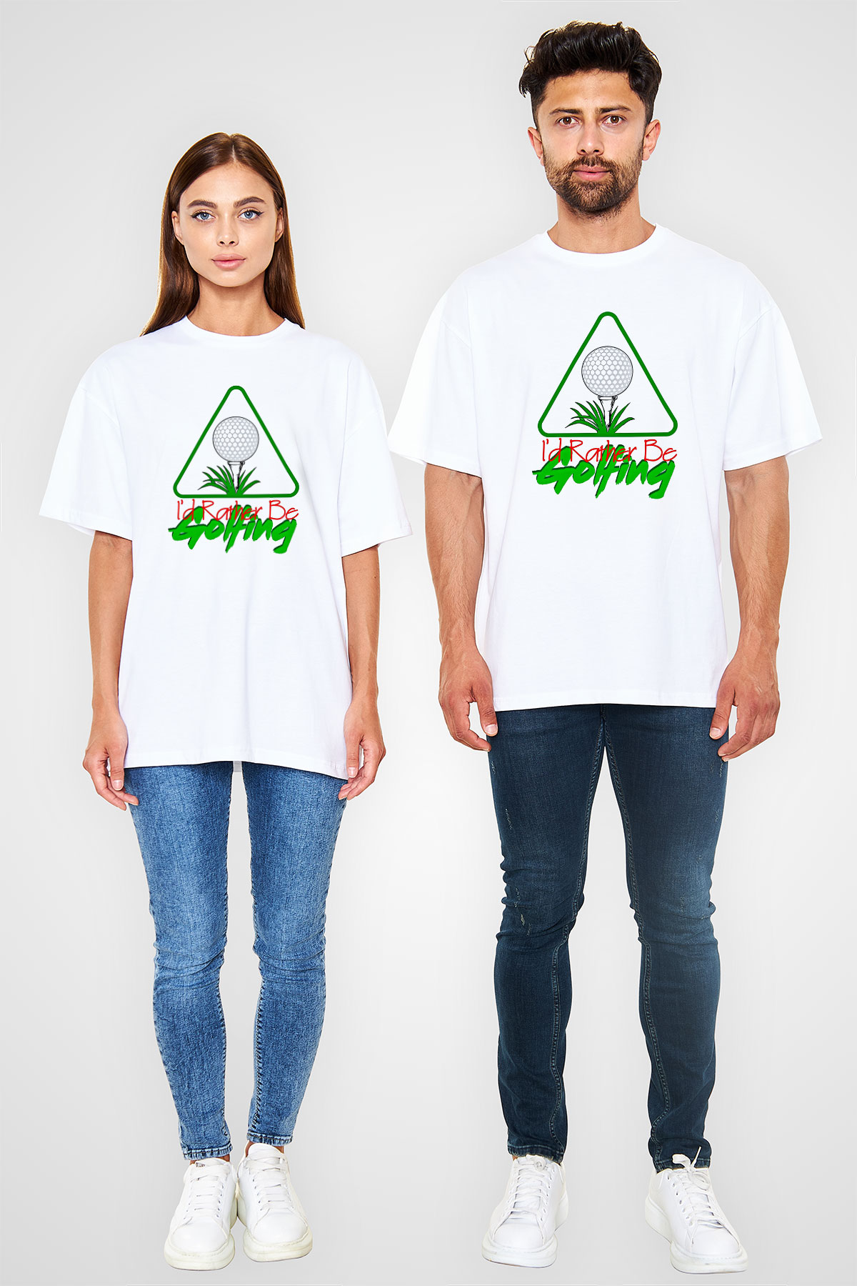 Golf Baskılı Unisex Beyaz Oversize Tişört - Tshirt