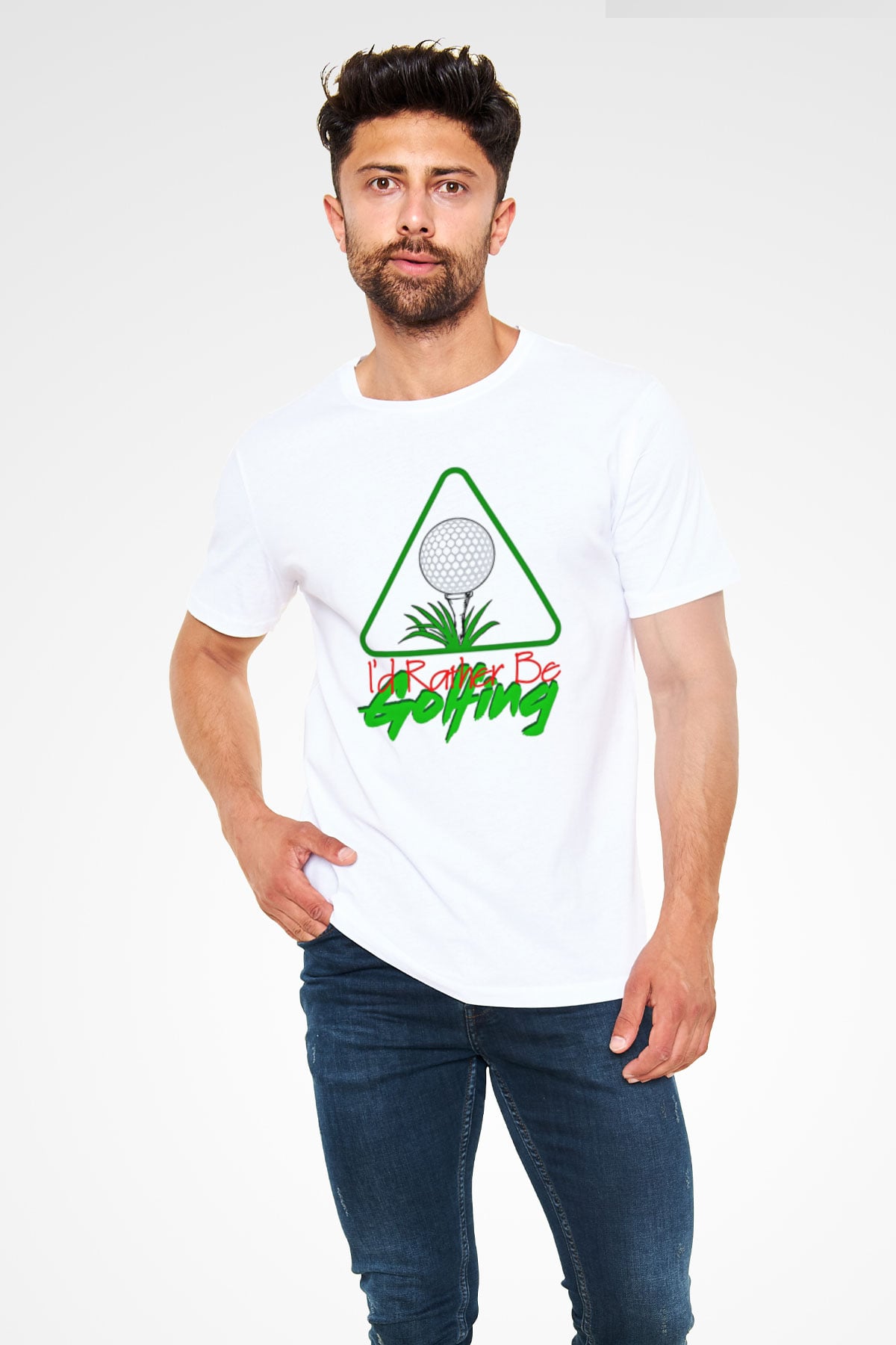 Golf Baskılı Unisex Beyaz Tişört - Tshirt