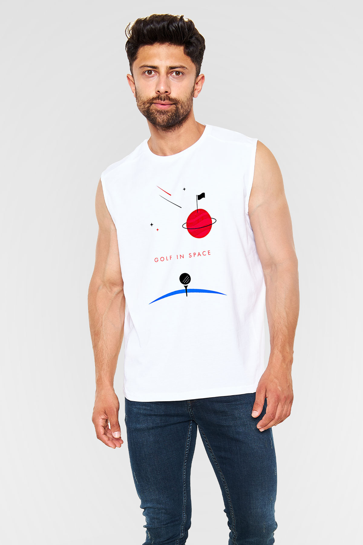 Golf Baskılı Unisex Kolsuz Beyaz Tişört