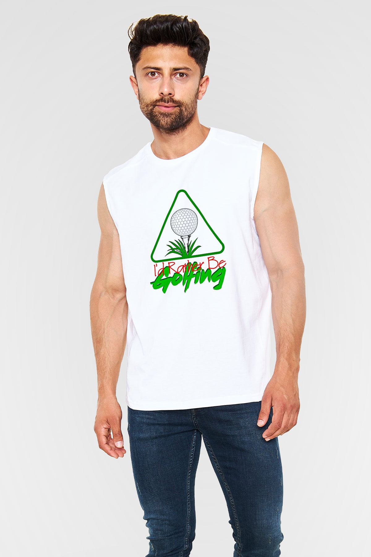 Golf Baskılı Unisex Kolsuz Beyaz Tişört