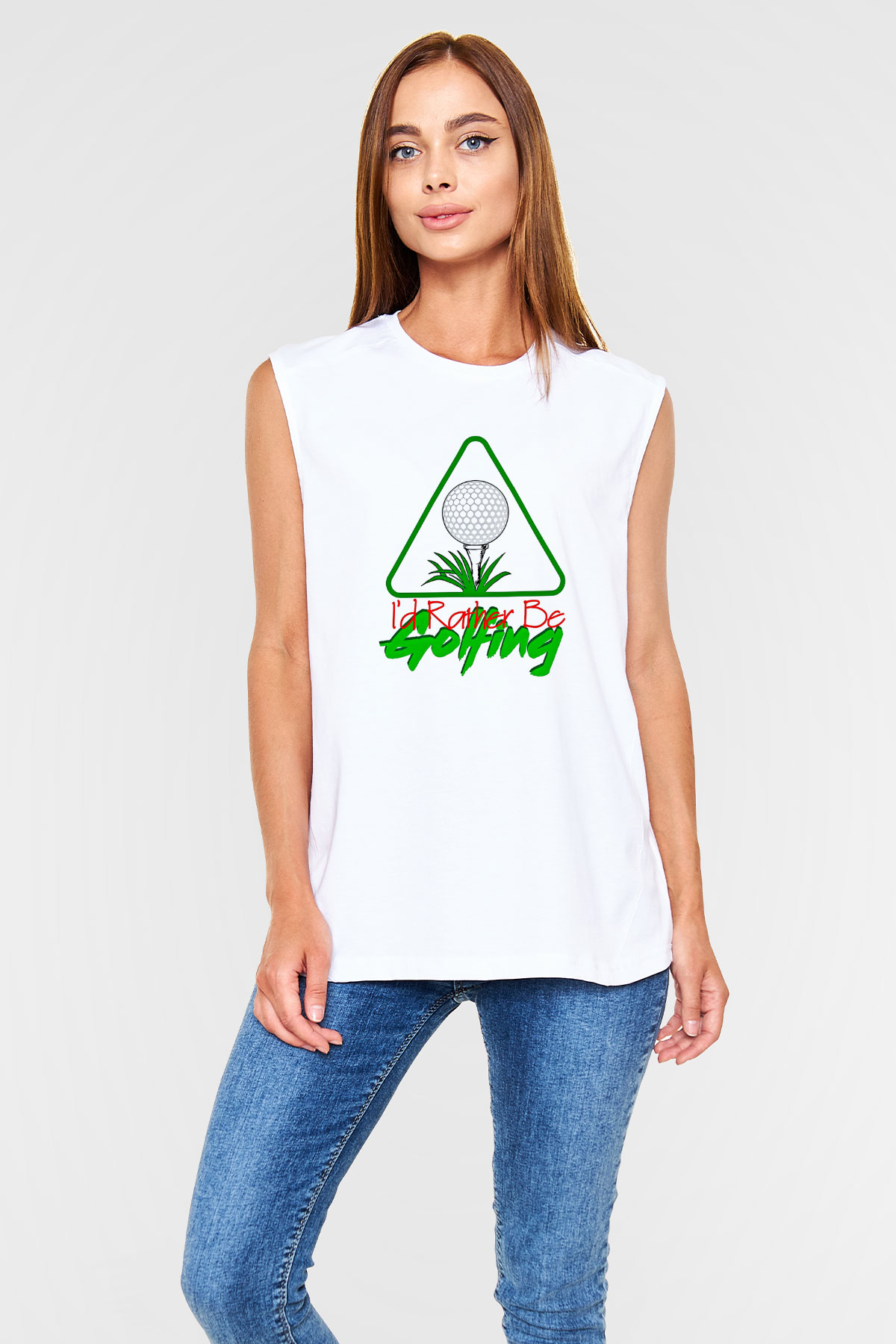 Golf Baskılı Unisex Kolsuz Beyaz Tişört