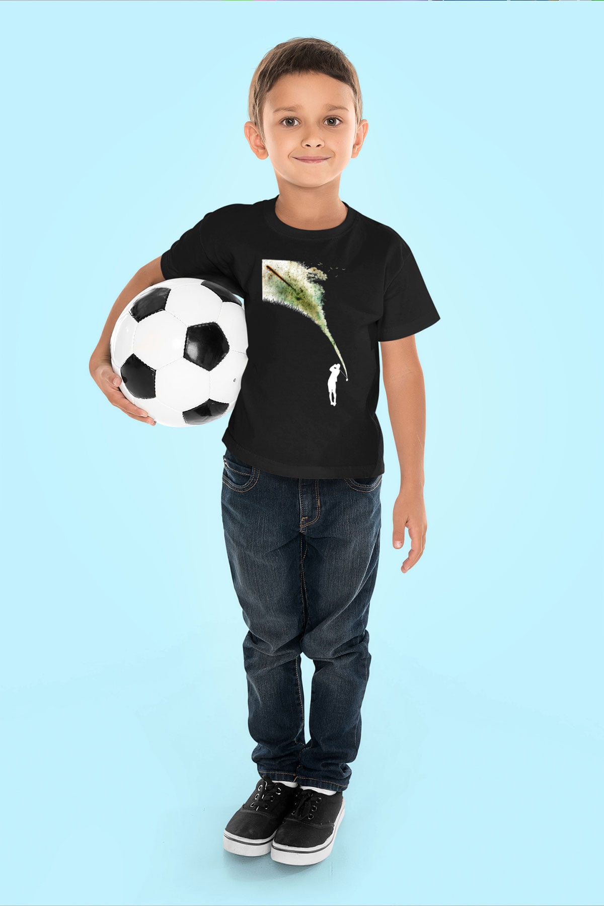 Golf Baskılı Unisex Siyah Çocuk Tİşörtü - Tshirt