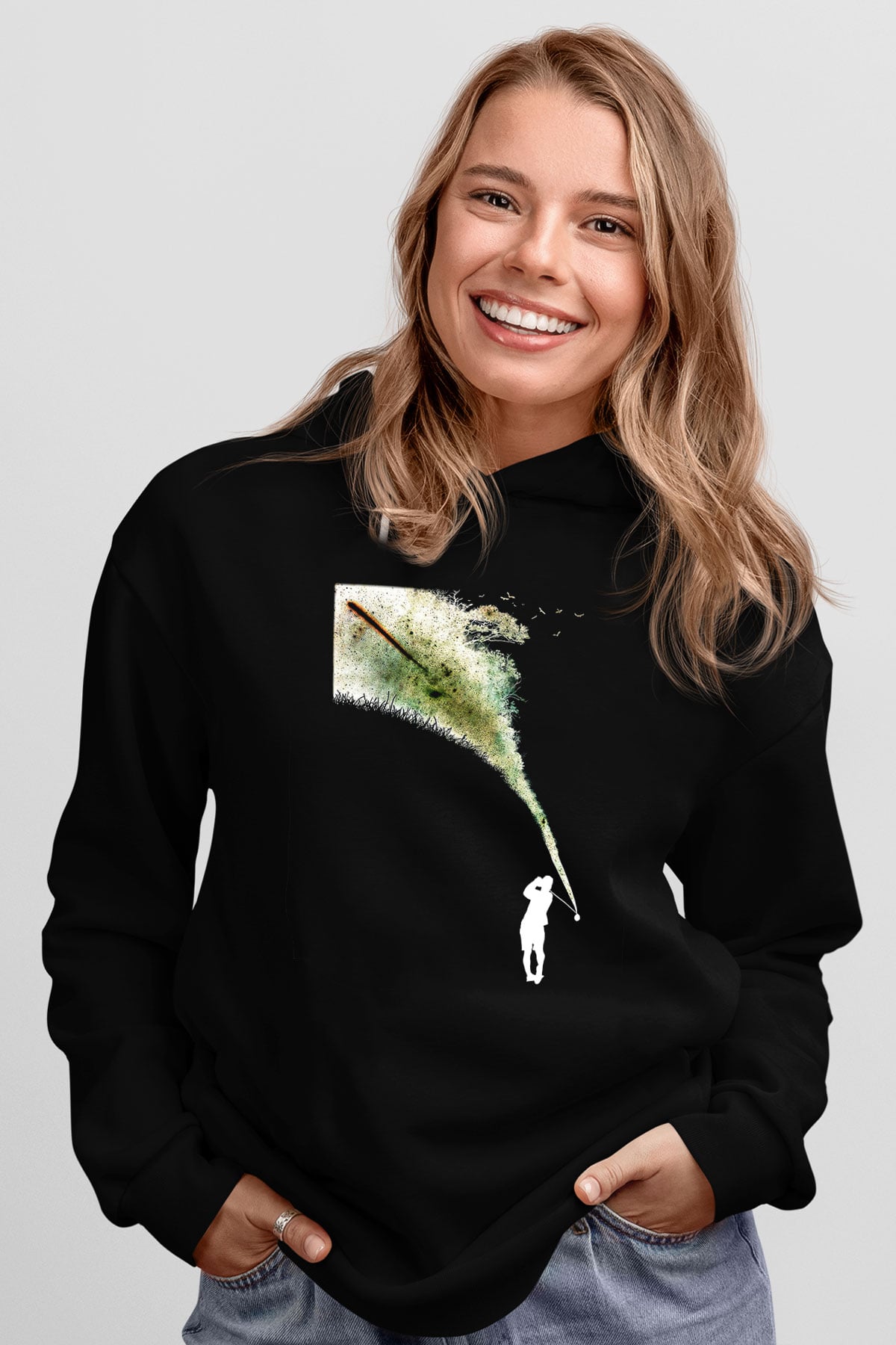 Golf Baskılı Unisex Siyah Hoodie