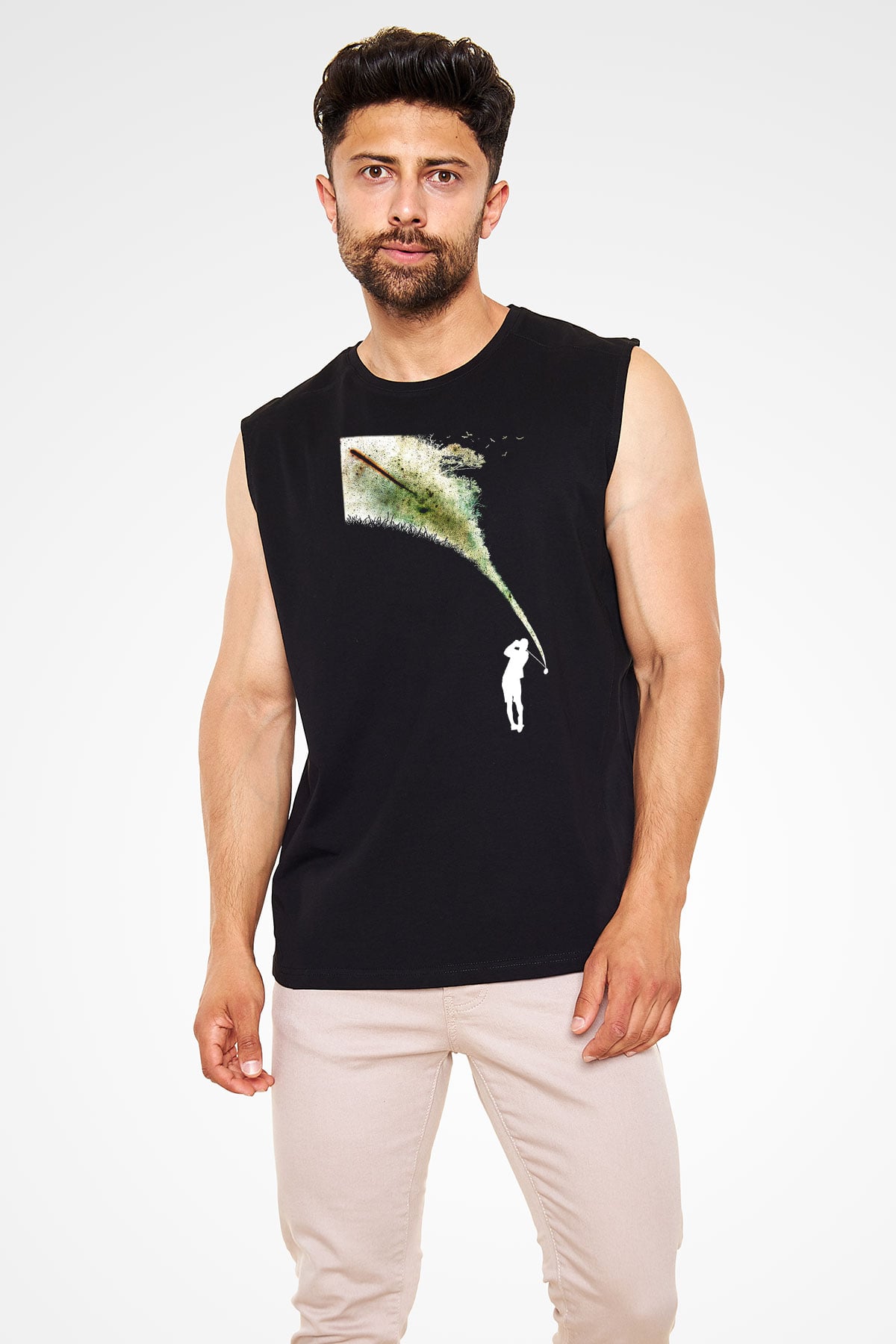 Golf Baskılı Unisex Siyah Kolsuz Tişört