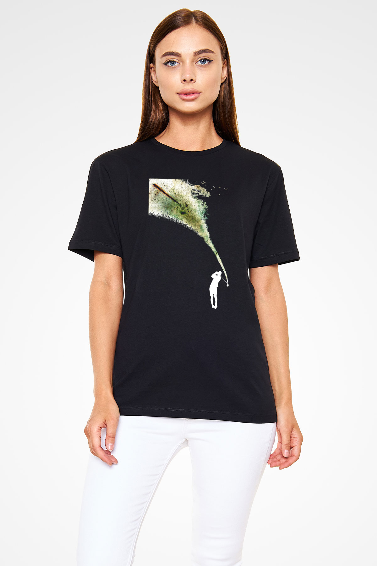 Golf Baskılı Unisex Siyah Tişört - Tshirt