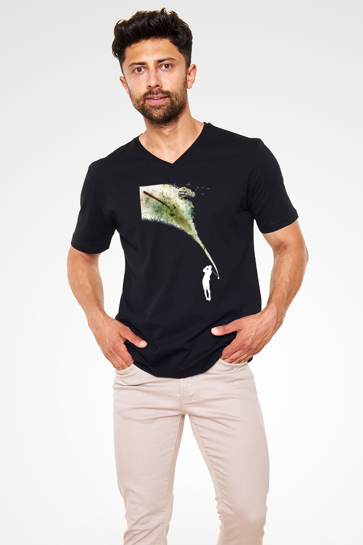 Golf Baskılı Unisex Siyah V Yaka Tişört