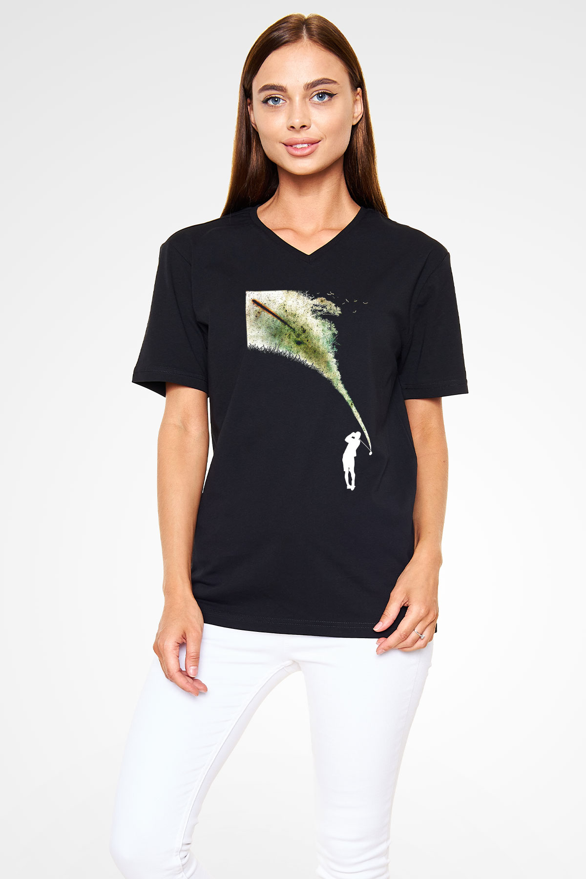 Golf Baskılı Unisex Siyah V Yaka Tişört