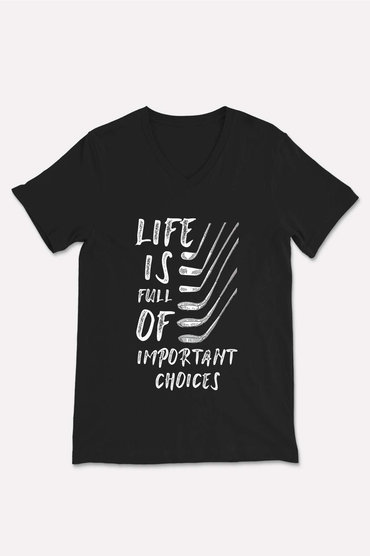 Golf Baskılı Unisex Siyah V Yaka Tişört