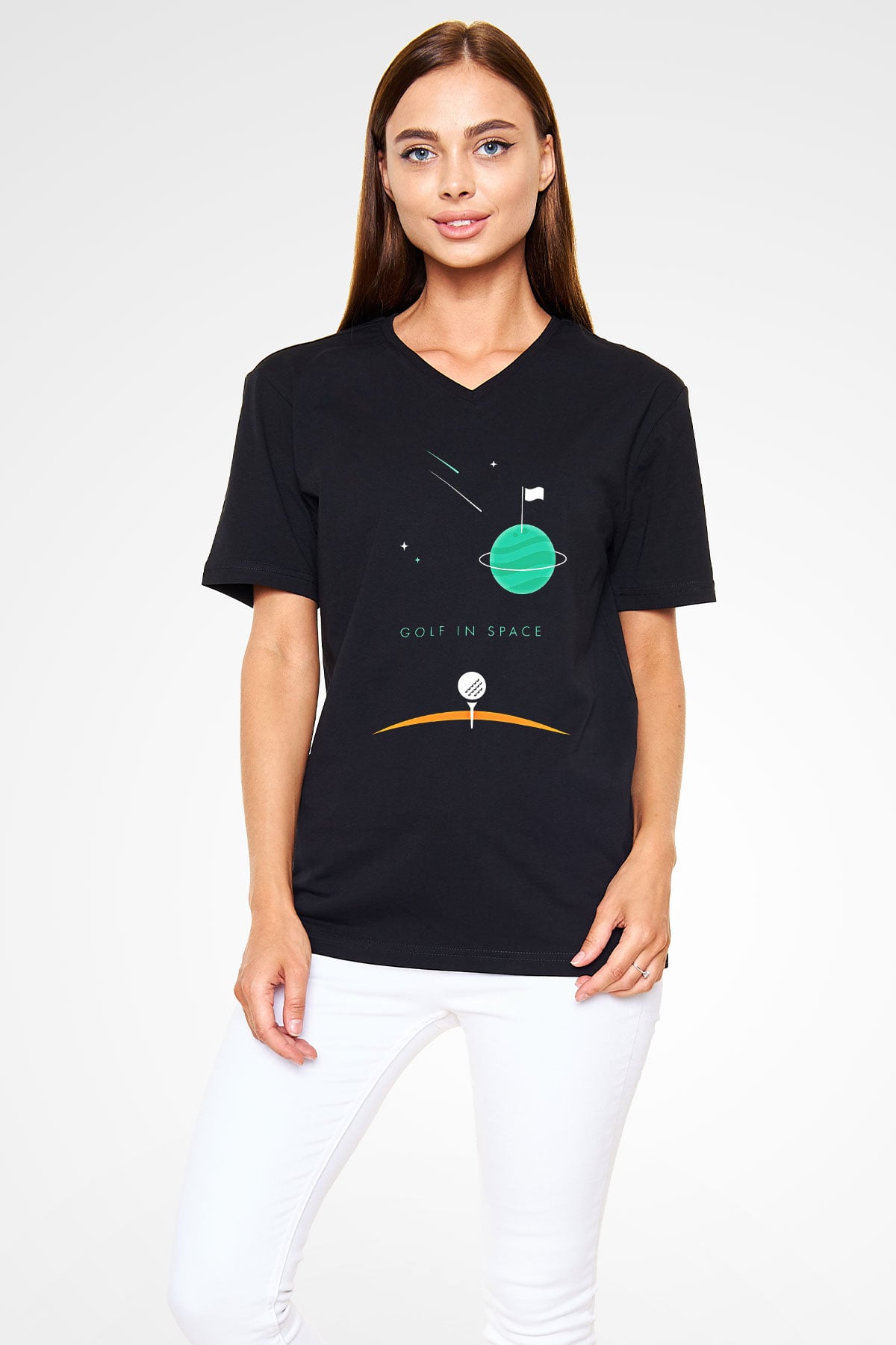 Golf Baskılı Unisex Siyah V Yaka Tişört