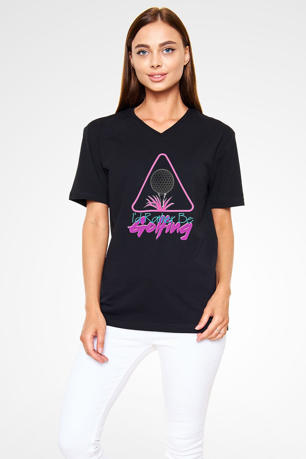 Golf Baskılı Unisex Siyah V Yaka Tişört