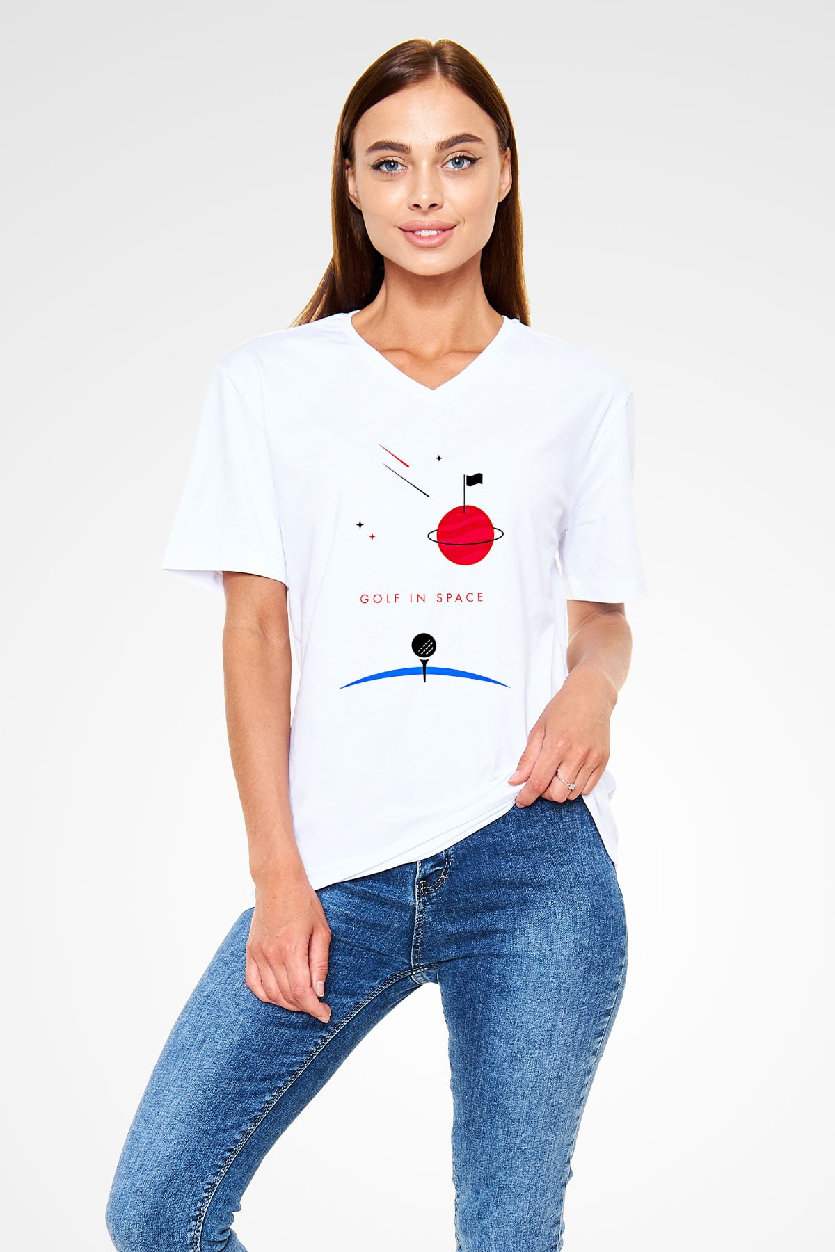 Golf Baskılı Unisex V Yaka Tişört - Tshirt