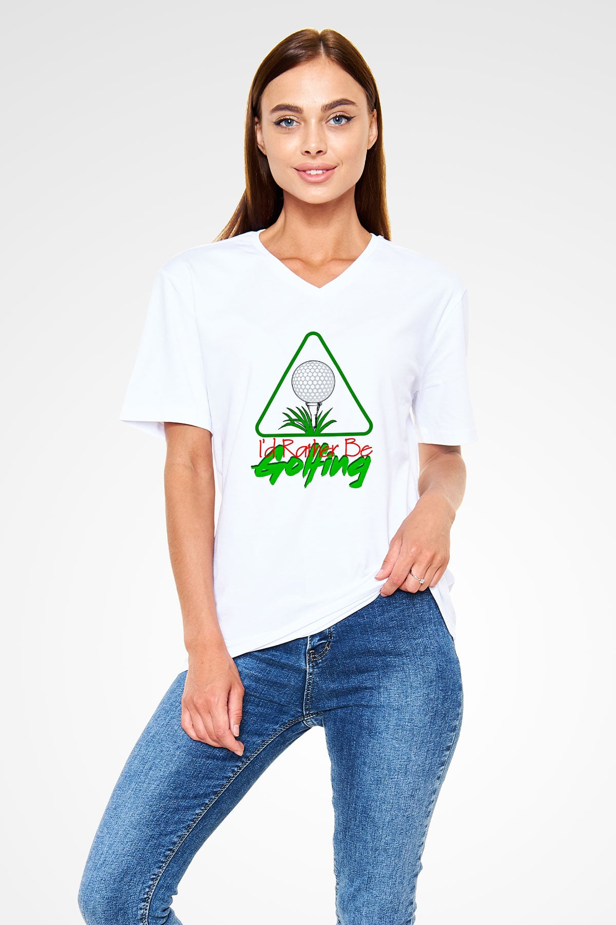 Golf Baskılı Unisex V Yaka Tişört - Tshirt