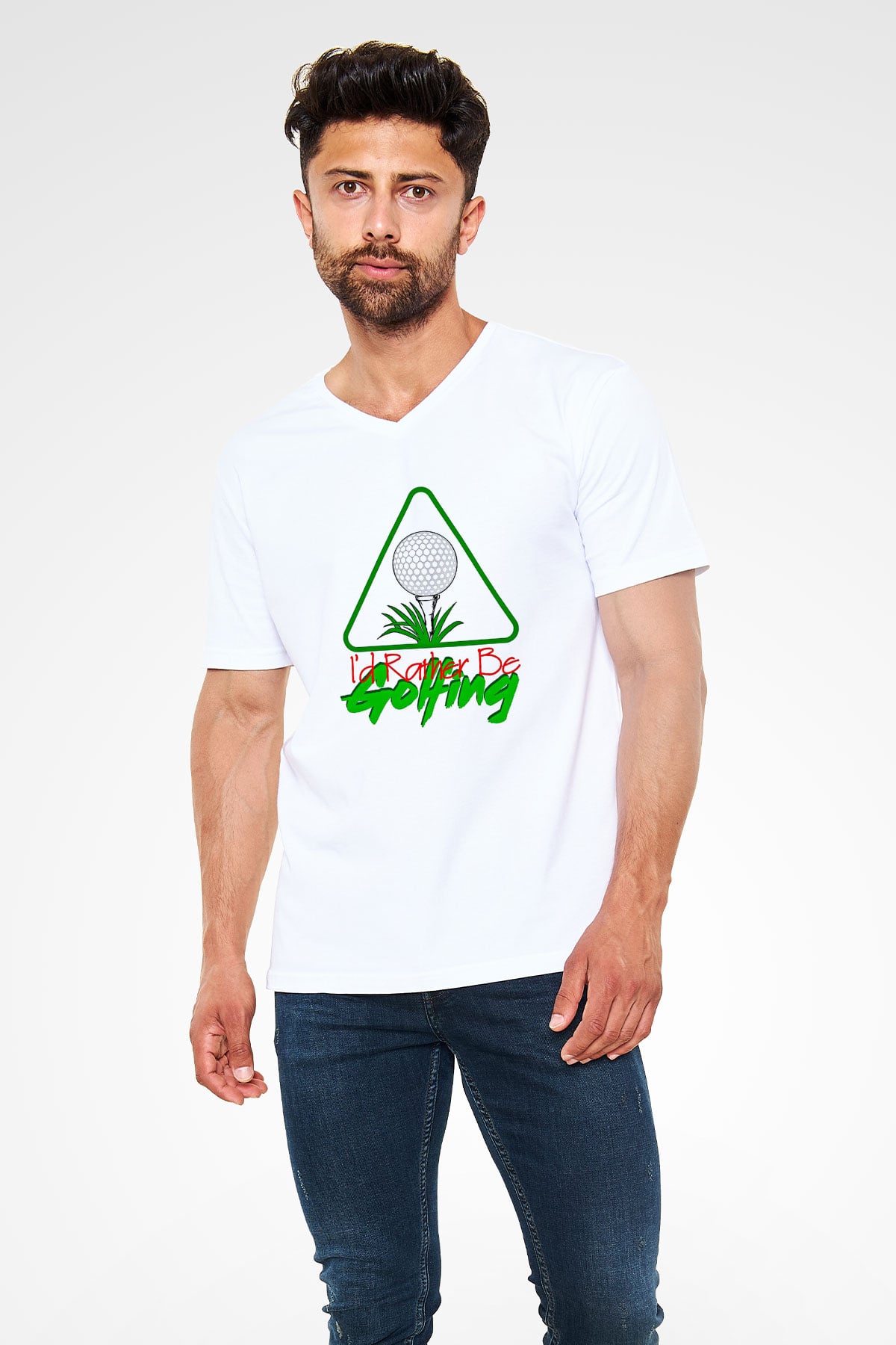 Golf Baskılı Unisex V Yaka Tişört - Tshirt