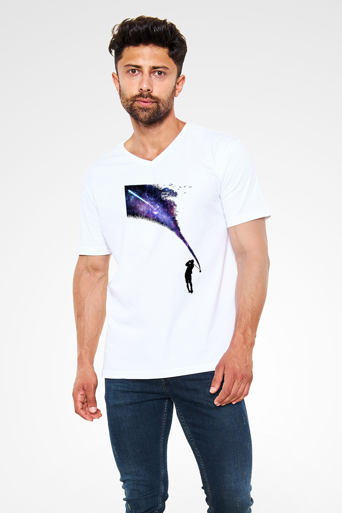 Golf Baskılı Unisex V Yaka Tişört - Tshirt