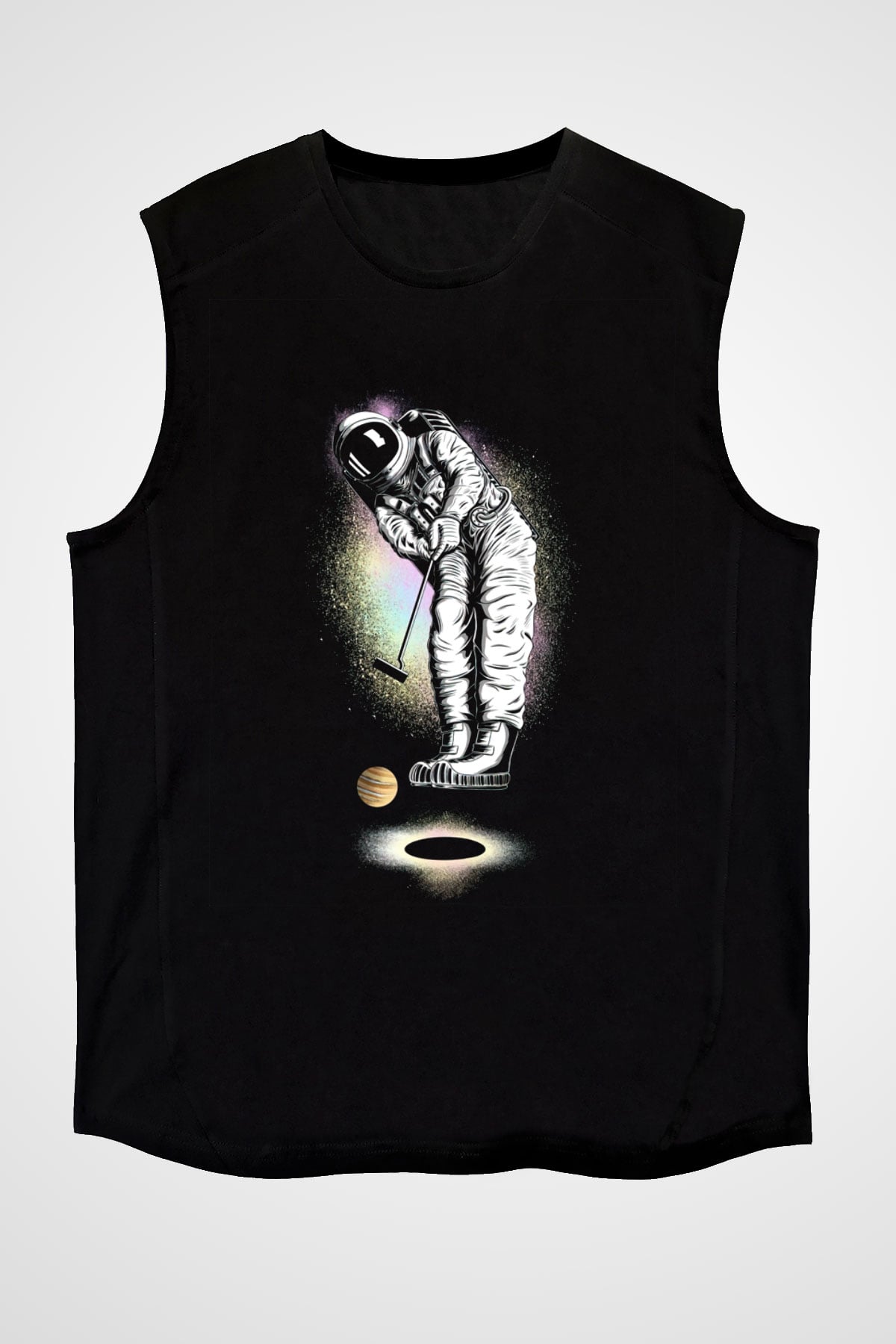 Golf Oynayan Astronot Baskılı Unisex Siyah  Kolsuz Tişört