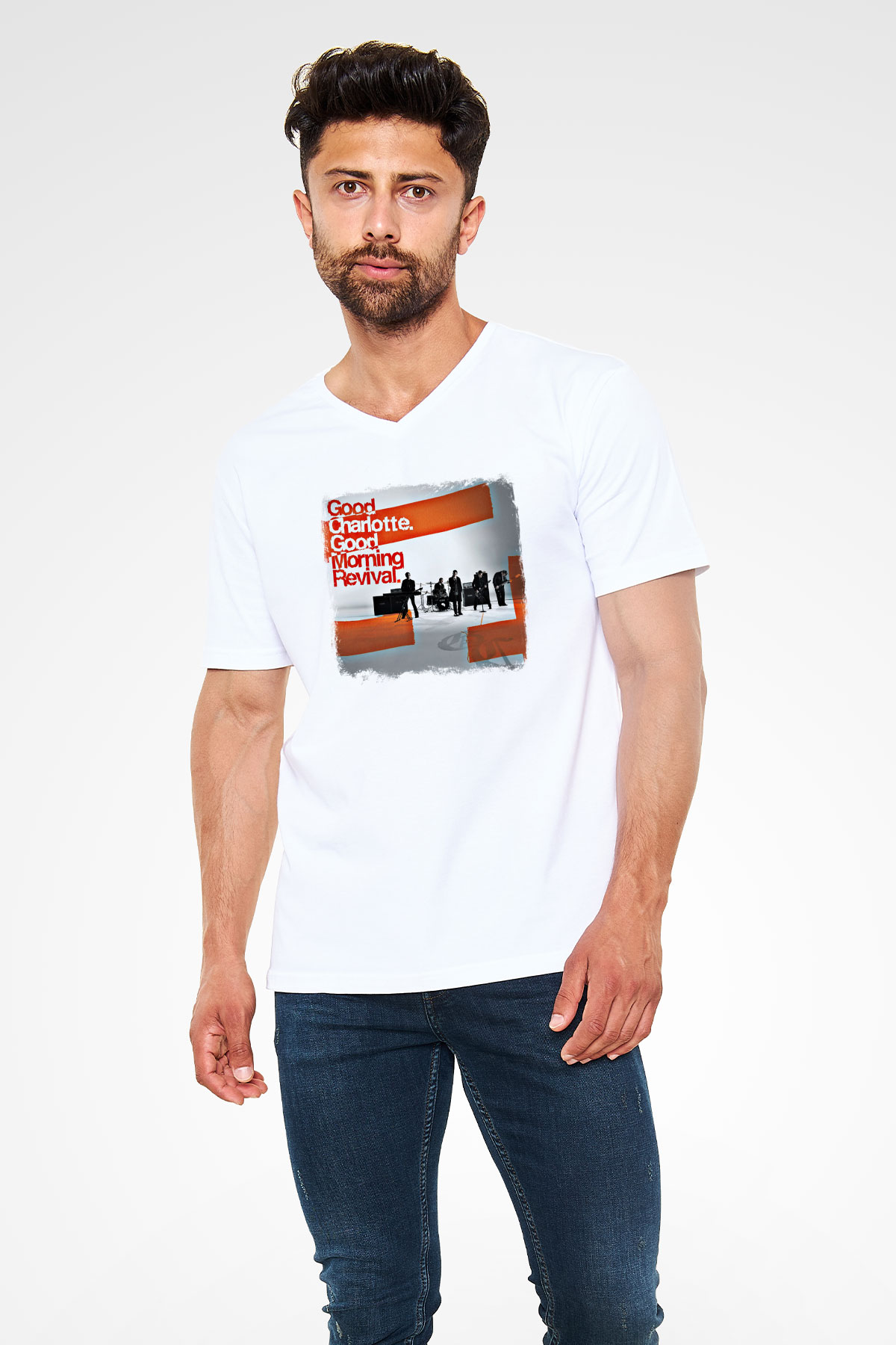 Good Charlotte Baskılı Unisex Beyaz V Yaka Tişört