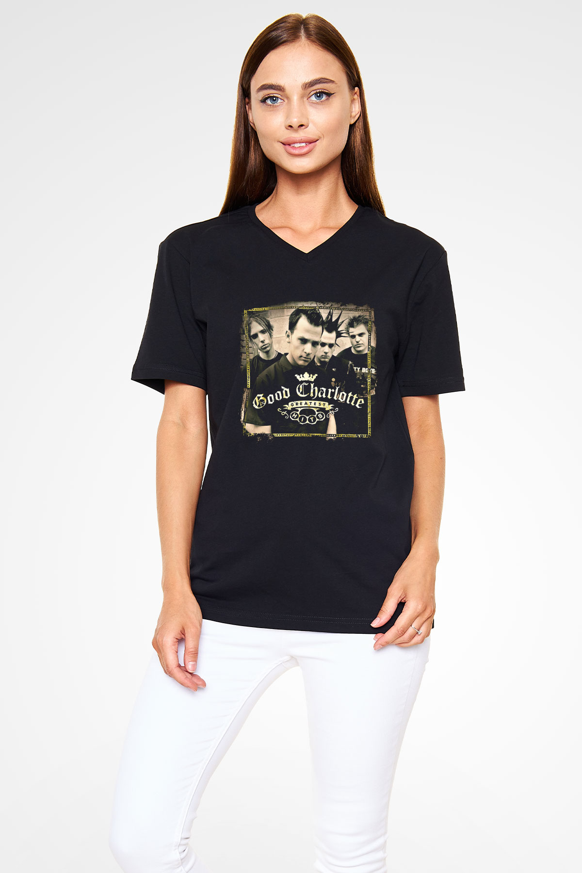 Good Charlotte Baskılı Unisex Siyah V Yaka Tişört