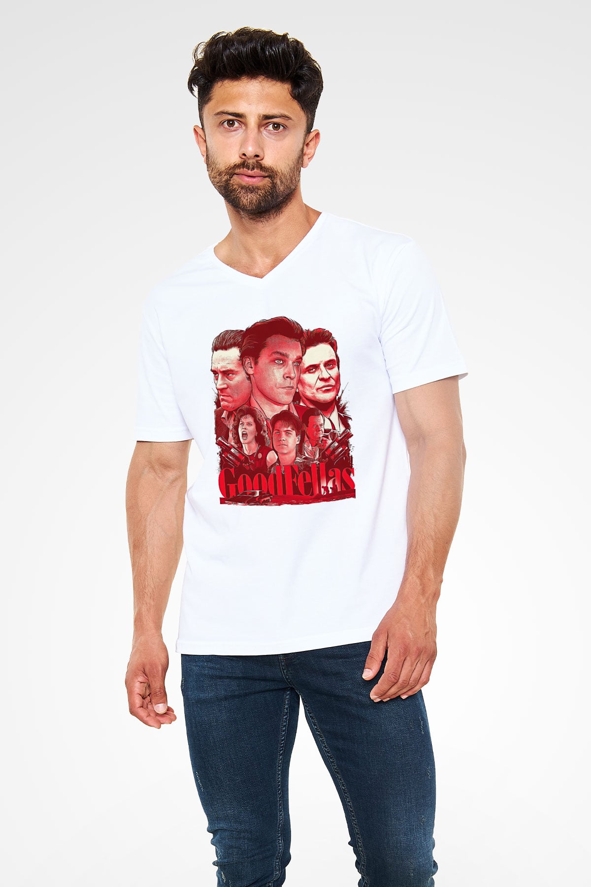 Goodfellas Baskılı Beyaz Unisex V Yaka Tişört - Tshirt
