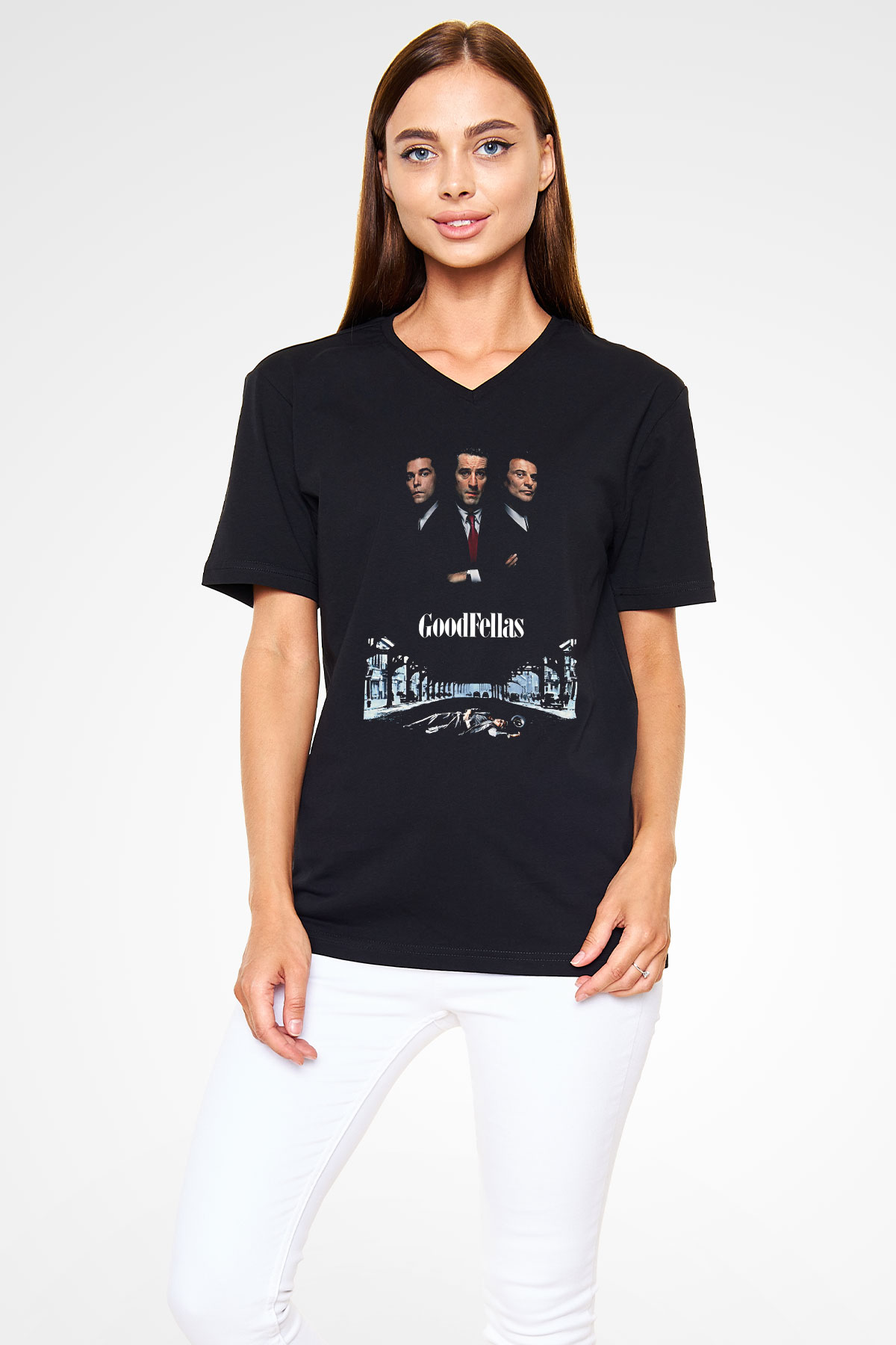 Goodfellas Baskılı Unisex Siyah V Yaka Tişört - Tshirt