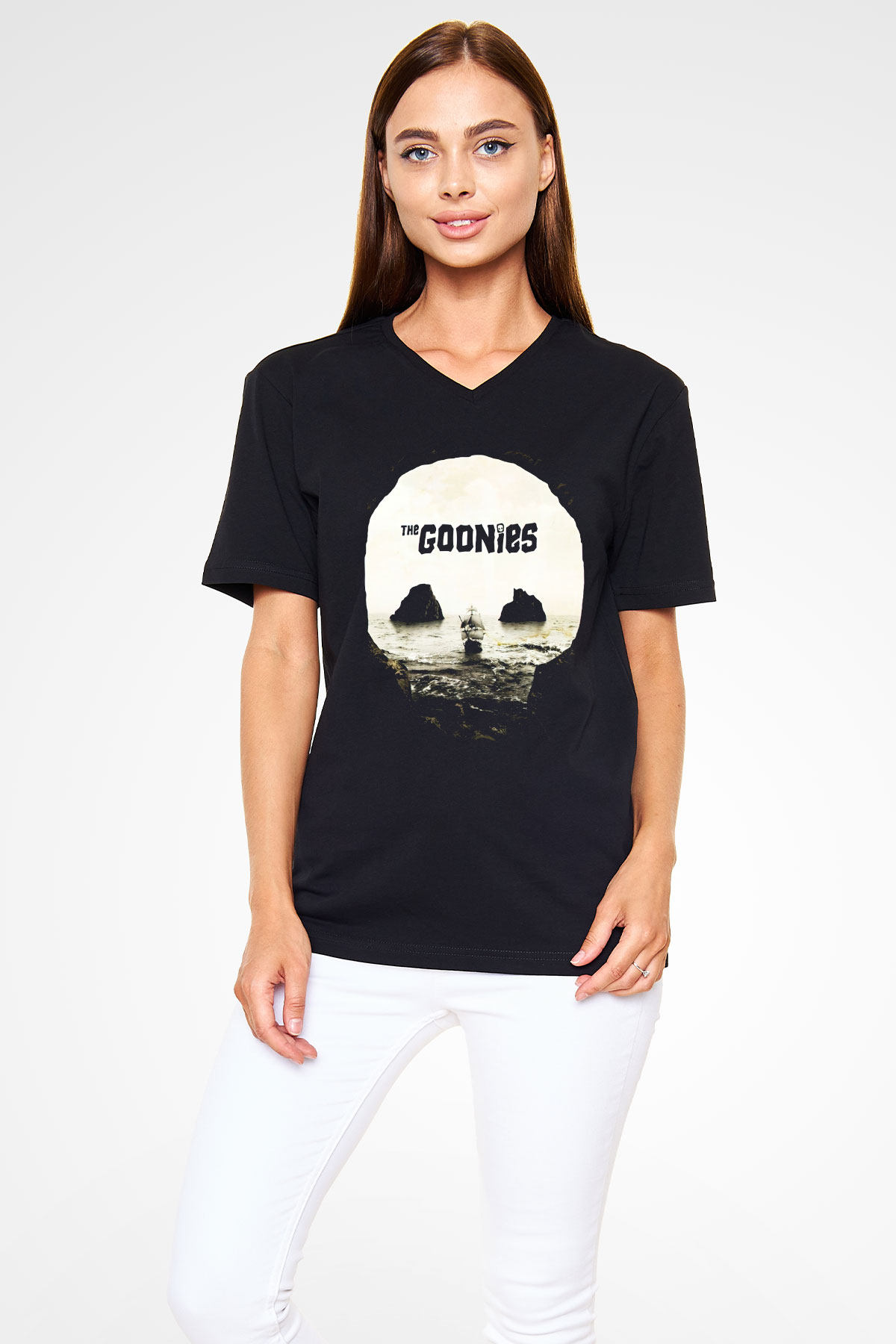 Goonies Siyah Unisex V Yaka Tişört