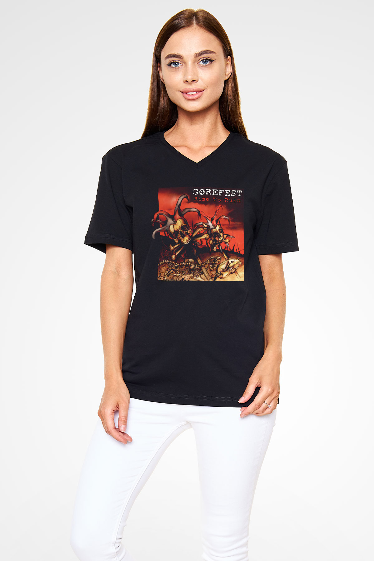 Gorefest Siyah Unisex V Yaka Tişört T-Shirt