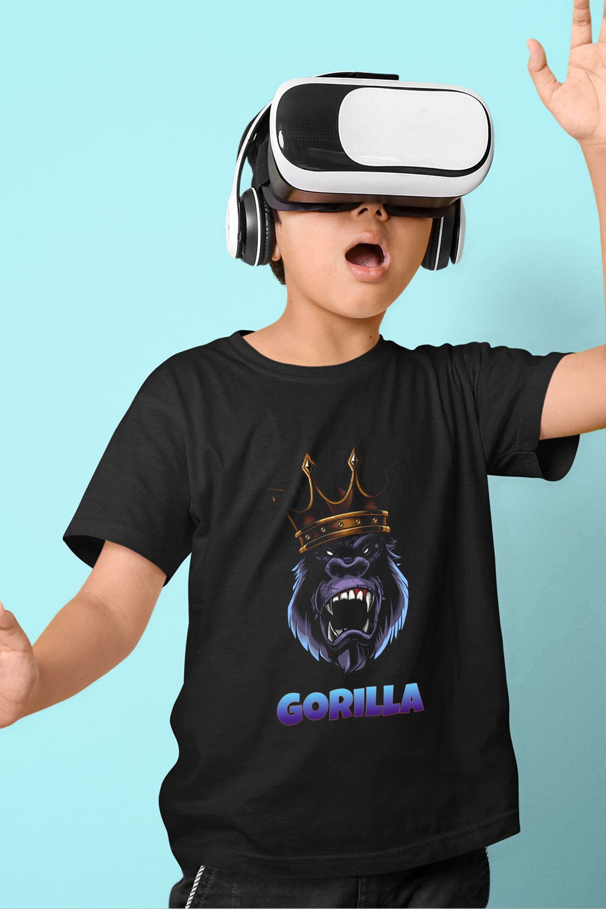 Goril Baskılı Siyah Unisex Çocuk Tişört